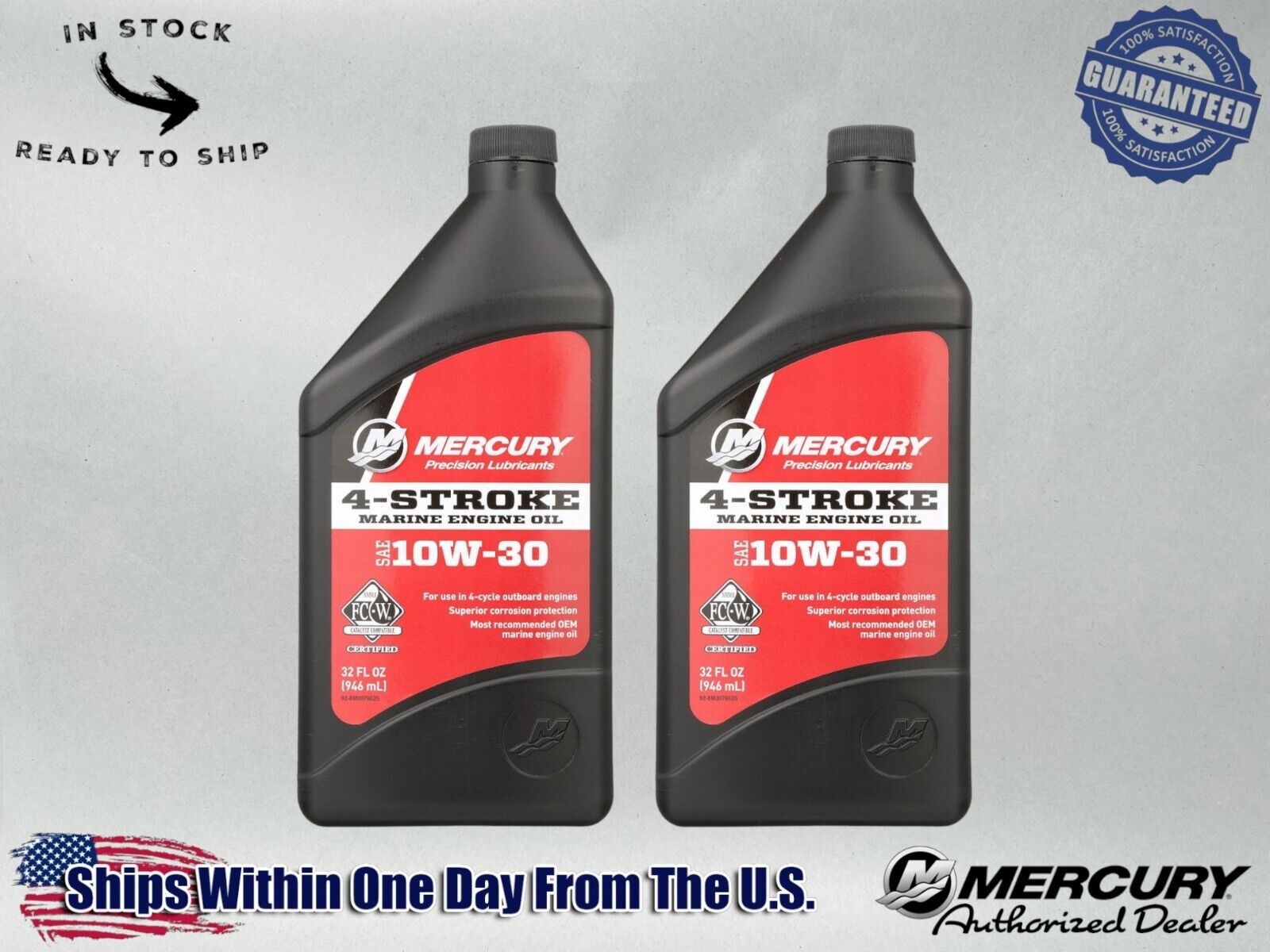 Mercury OEM SAE 10W-30 Mineral 4-Stroke Marine Engine Oil Quart 8M0078625-2PACK