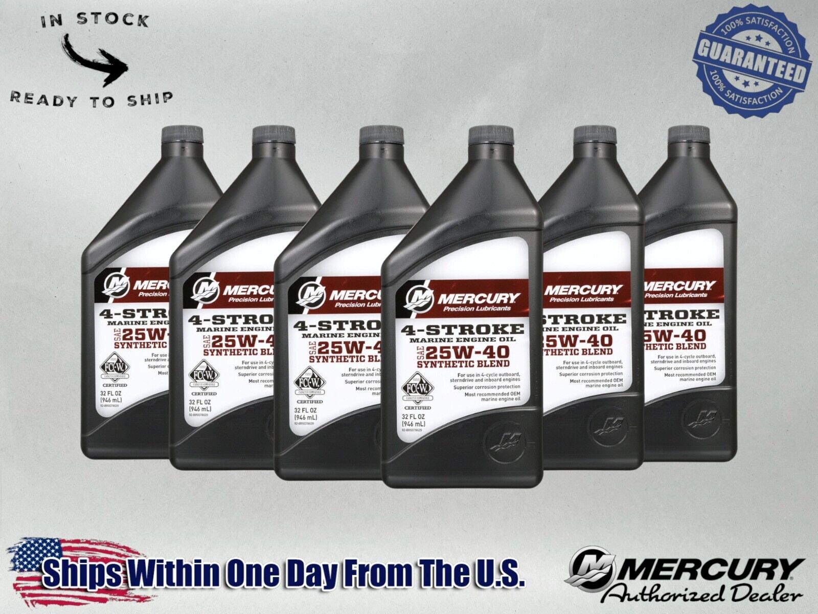 Mercury OEM SAE 25W-40 Synthetic Blend Marine Engine Oil Quart 8M0078629-6PACK