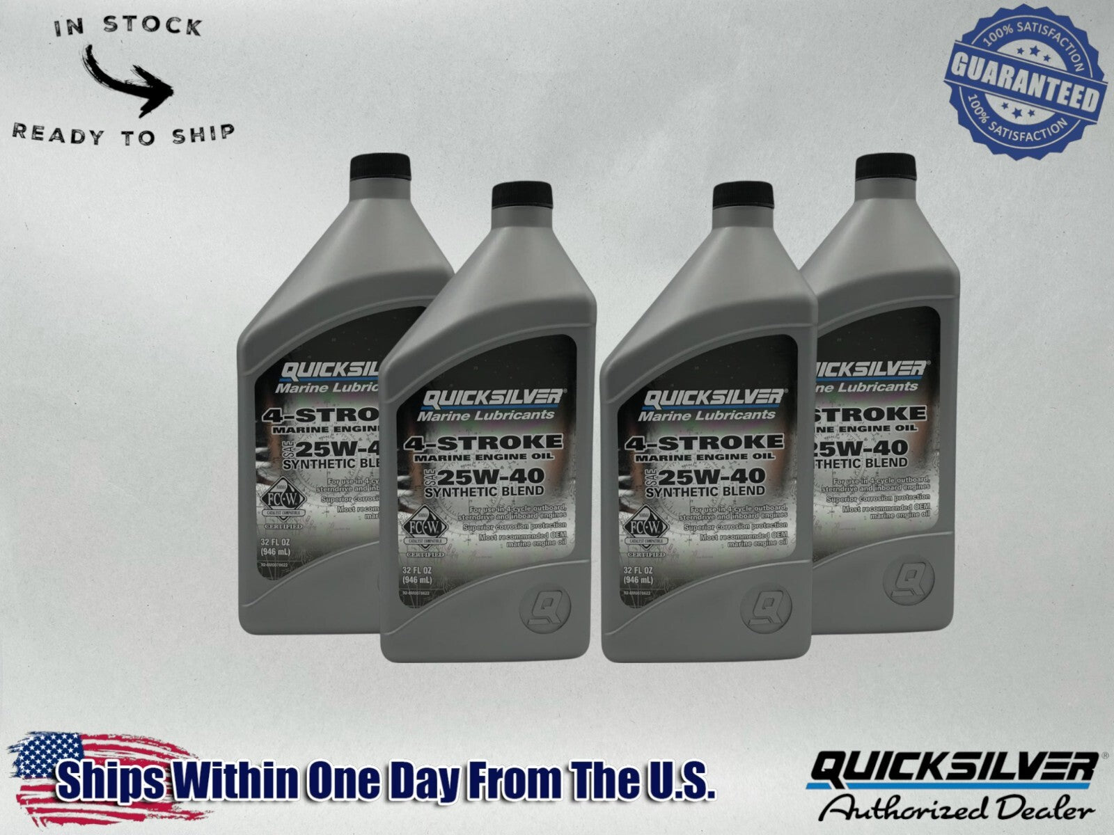 Quicksilver OEM Semi Synthetic 25W40 Marine Oil Quarts 92-8M0078622 4 Pack