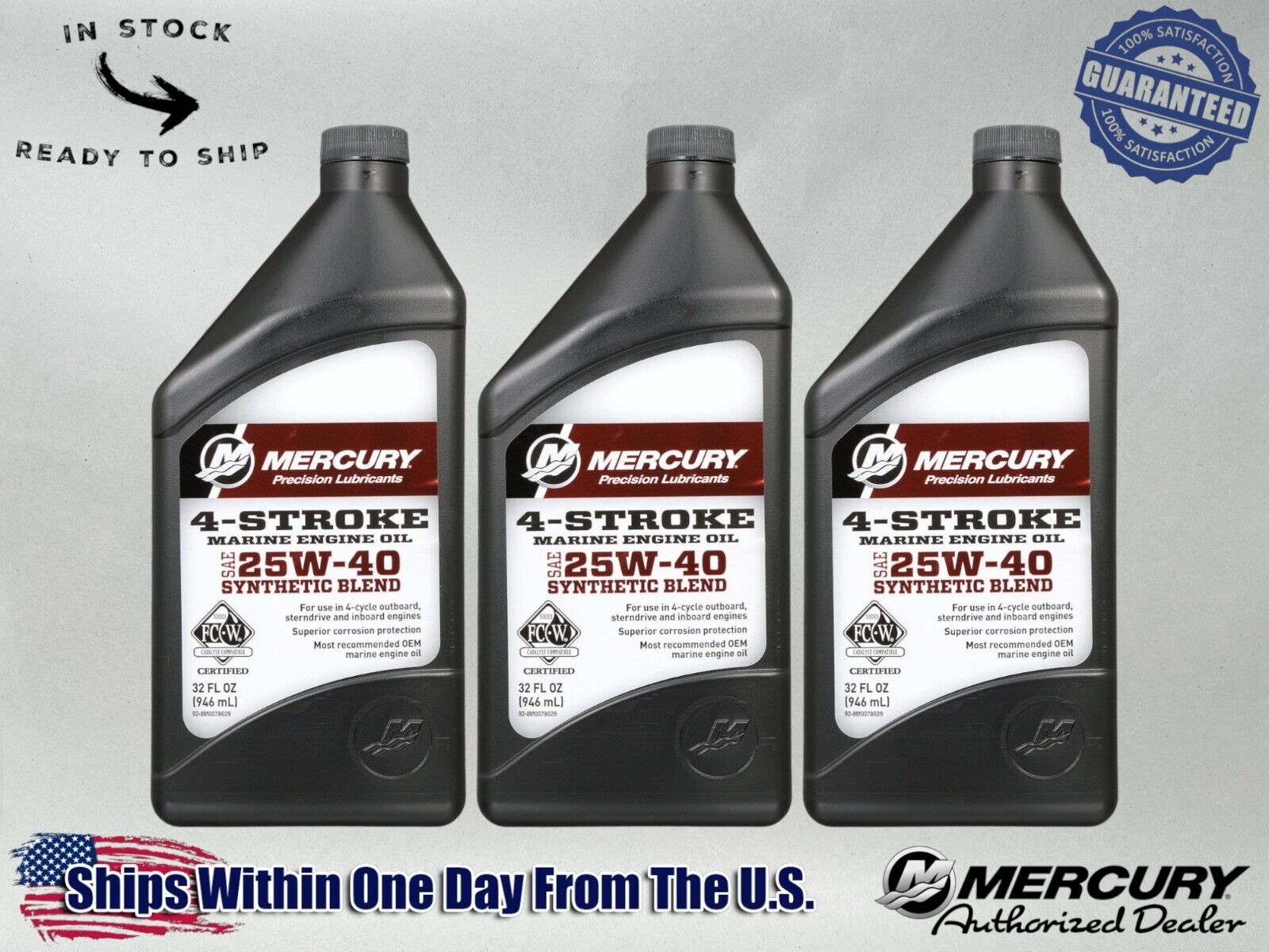 Mercury OEM SAE 25W-40 Synthetic Blend Marine Engine Oil Quart 8M0078629-3PACK