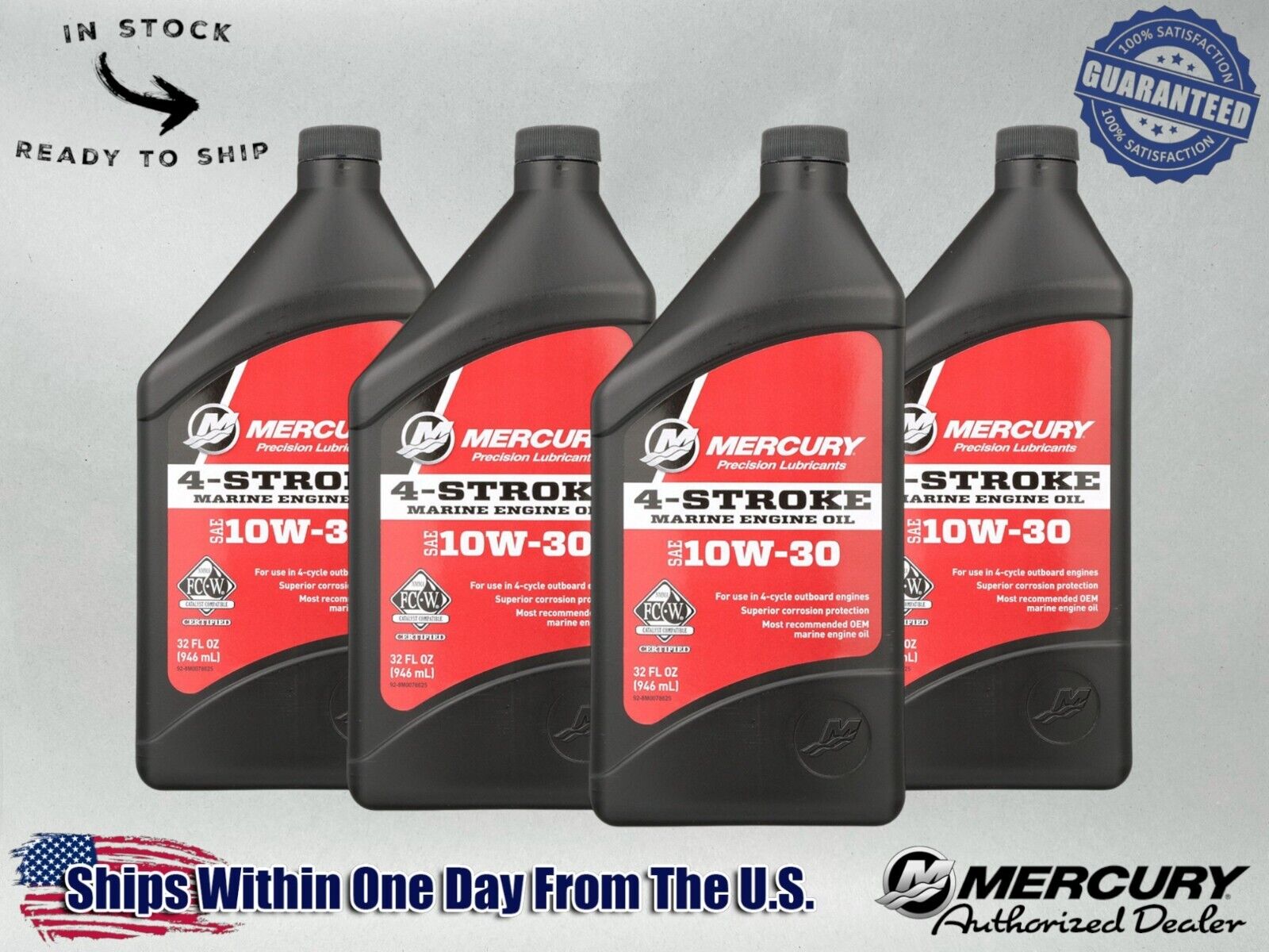 Mercury OEM SAE 10W-30 Mineral 4-Stroke Marine Engine Oil Quart 8M0078625-4PACK