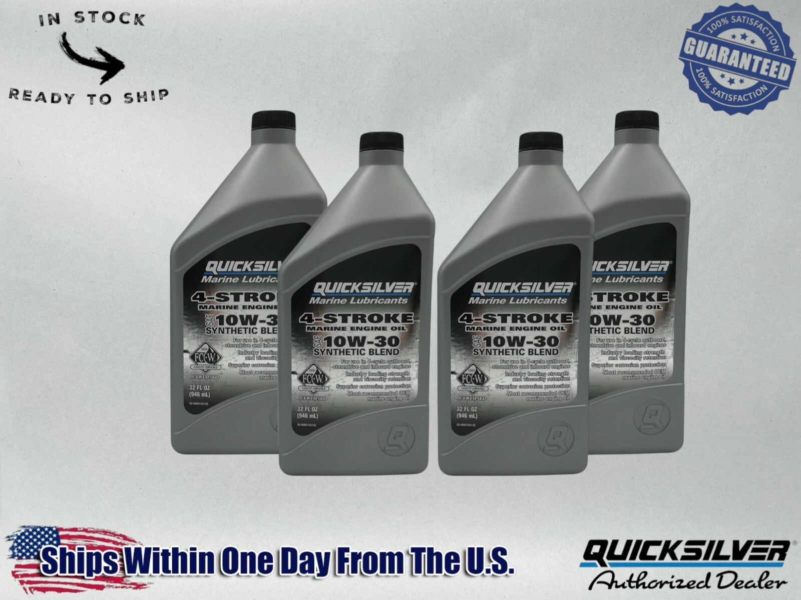 Quicksilver OEM Semi Synthetic 10W30 Marine Oil Quarts 92-8M0142135 4 Pack
