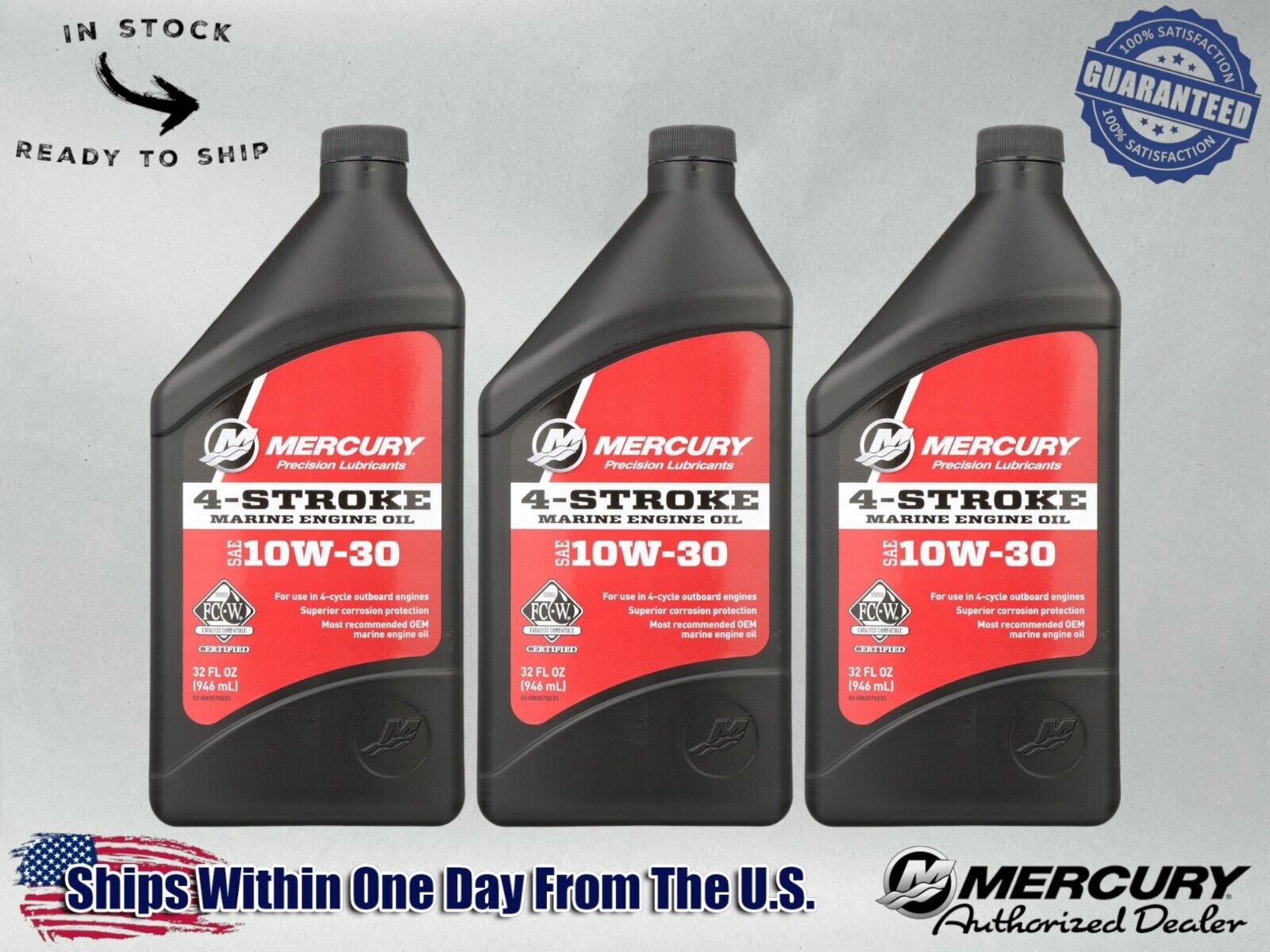 Mercury OEM SAE 10W-30 Mineral 4-Stroke Marine Engine Oil Quart 8M0078625-3PACK