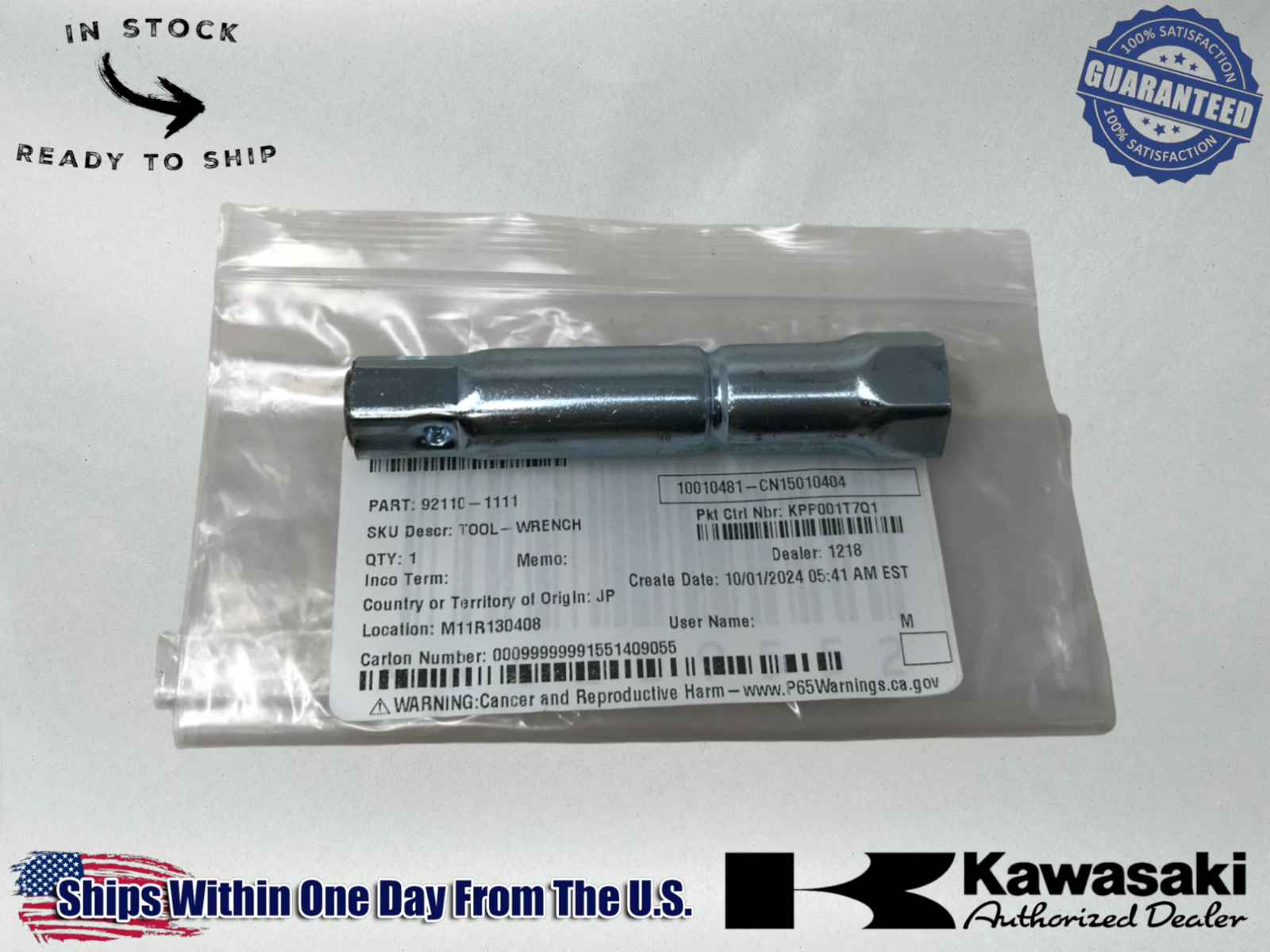 Kawasaki Genuine OEM Authentic Thin Wall Spark Plug Wrench 18Mm 92110-1111
