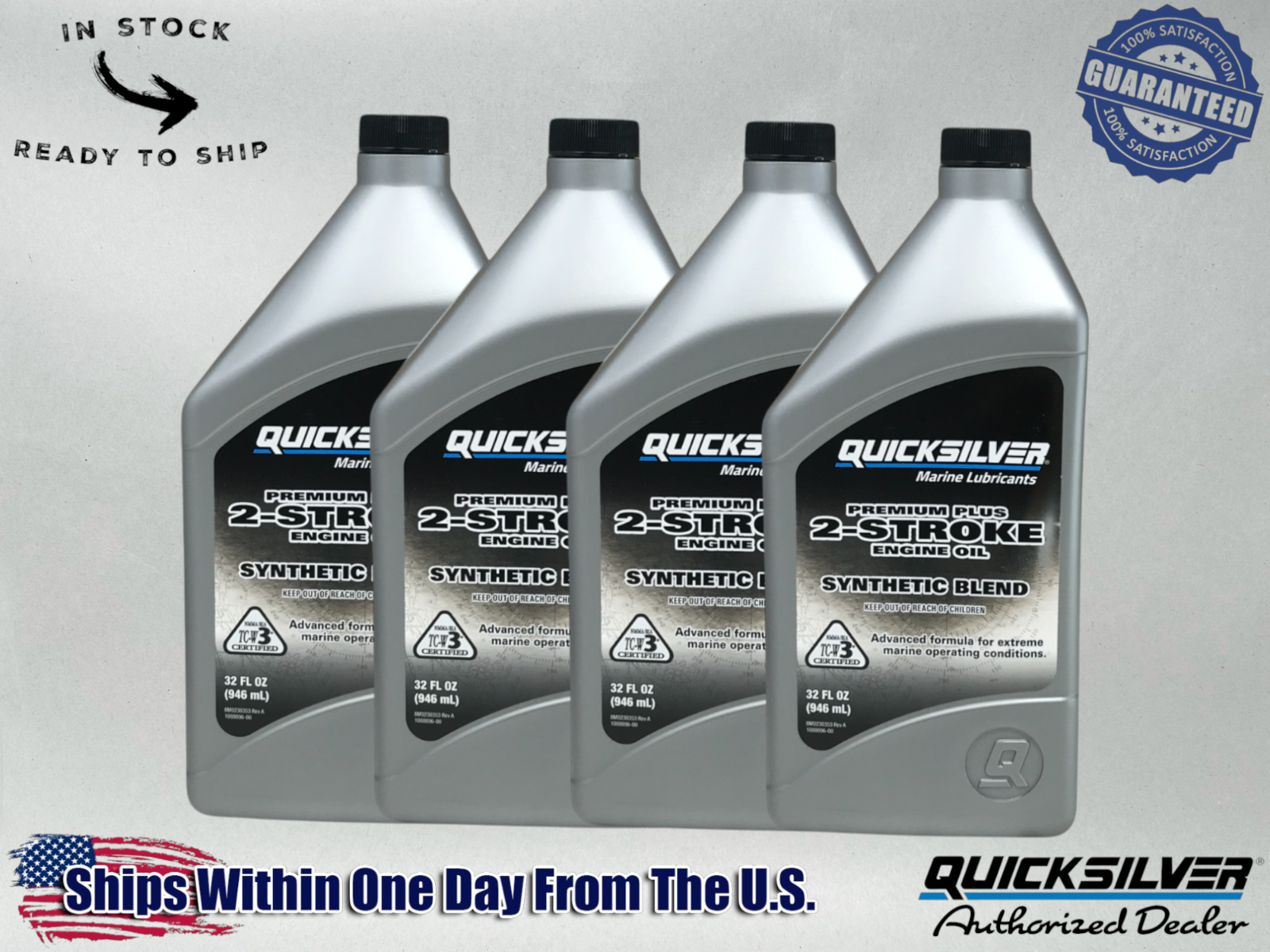 Quicksilver OEM 2-Stroke SS Premium Plus Marine Oil Quarts 92-858026Q01 4 Pack