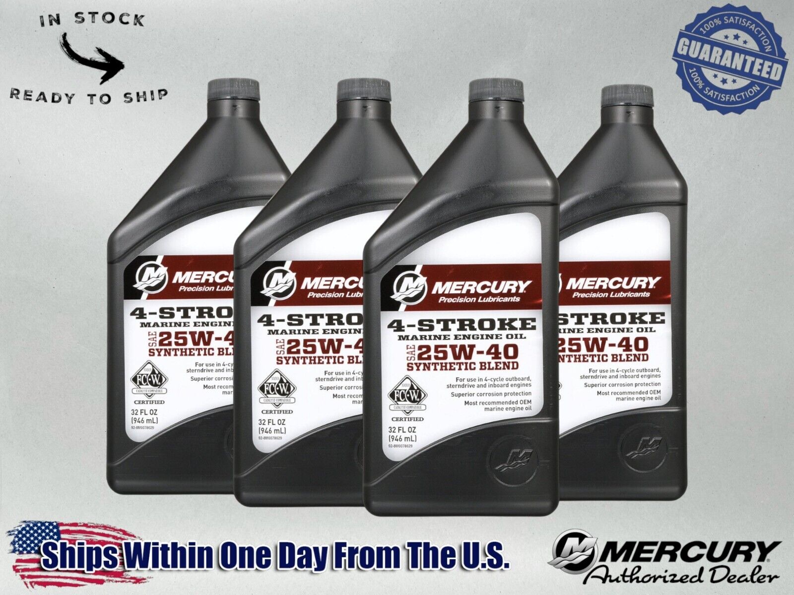 Mercury OEM SAE 25W-40 Synthetic Blend Marine Engine Oil Quart 8M0078629-4PACK