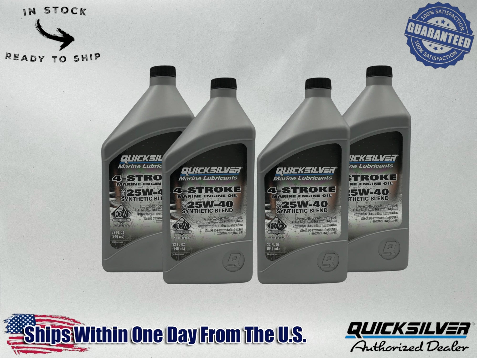 Quicksilver OEM Semi Synthetic 25W40 Marine Oil Quarts 92-8M0078622 4 Pack