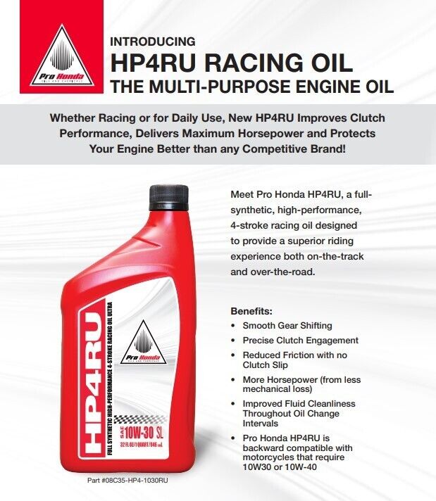 Honda 08C35-HP4-1030RU OEM Full Synthetic HP4RU 10W-30 Racing Oil 4 Quart Pack 