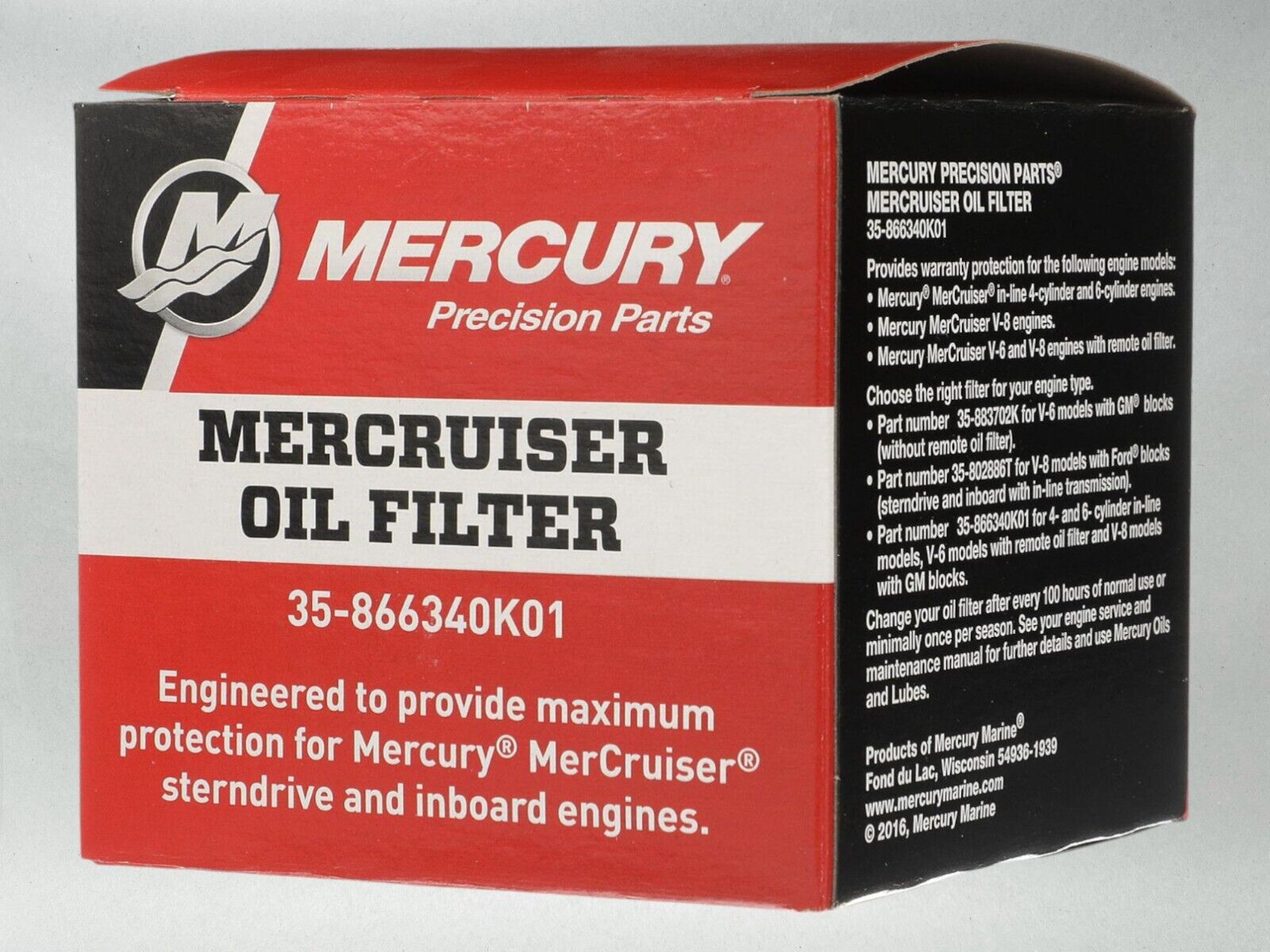 Mercury OEM MerCruiser Oil Filter for Sterndrive and IB Engines 866340K01-2PACK 