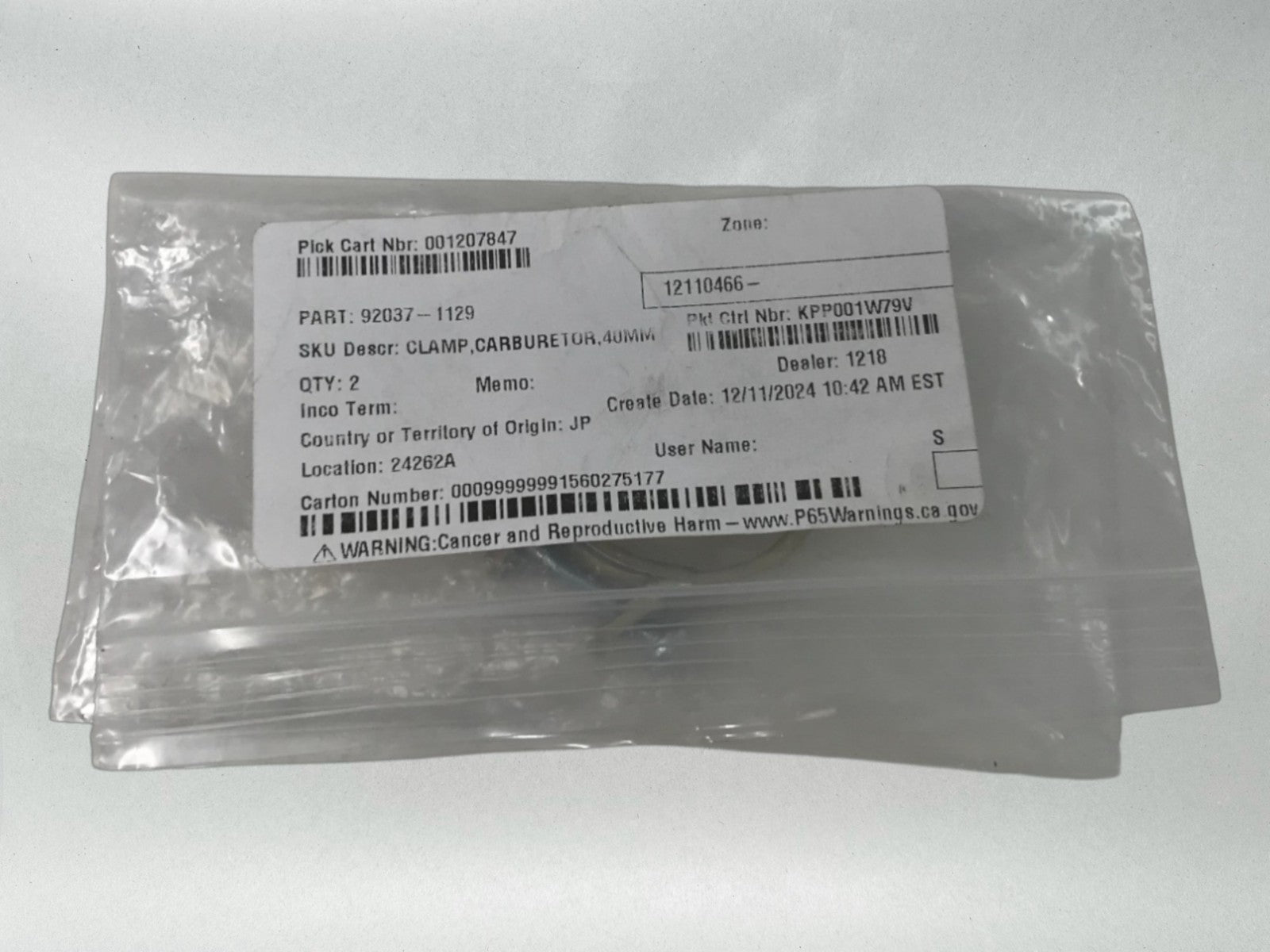 Kawasaki Genuine OEM Authentic CLAMP,CARBURETOR,40MM 92037-1129