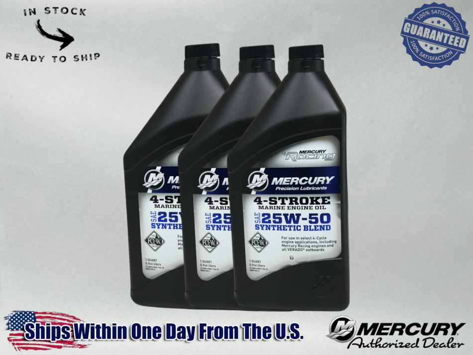Mercury OEM 25W50 Hi Performance Semi-Synthetic Oil Quarts 92-8M0078013 3 Pack
