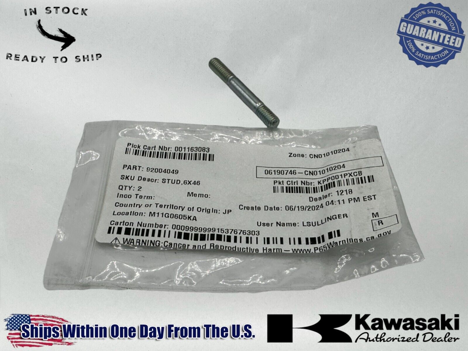 Kawasaki Genuine OEM Authentic 6x4 Stud 92004-049