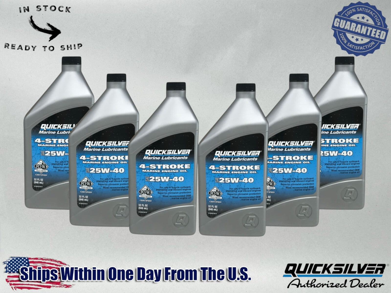 Quicksilver OEM 4 Stroke Std Marine Engine Oil 25W40 Quarts 92-8M0078619 6 Pack