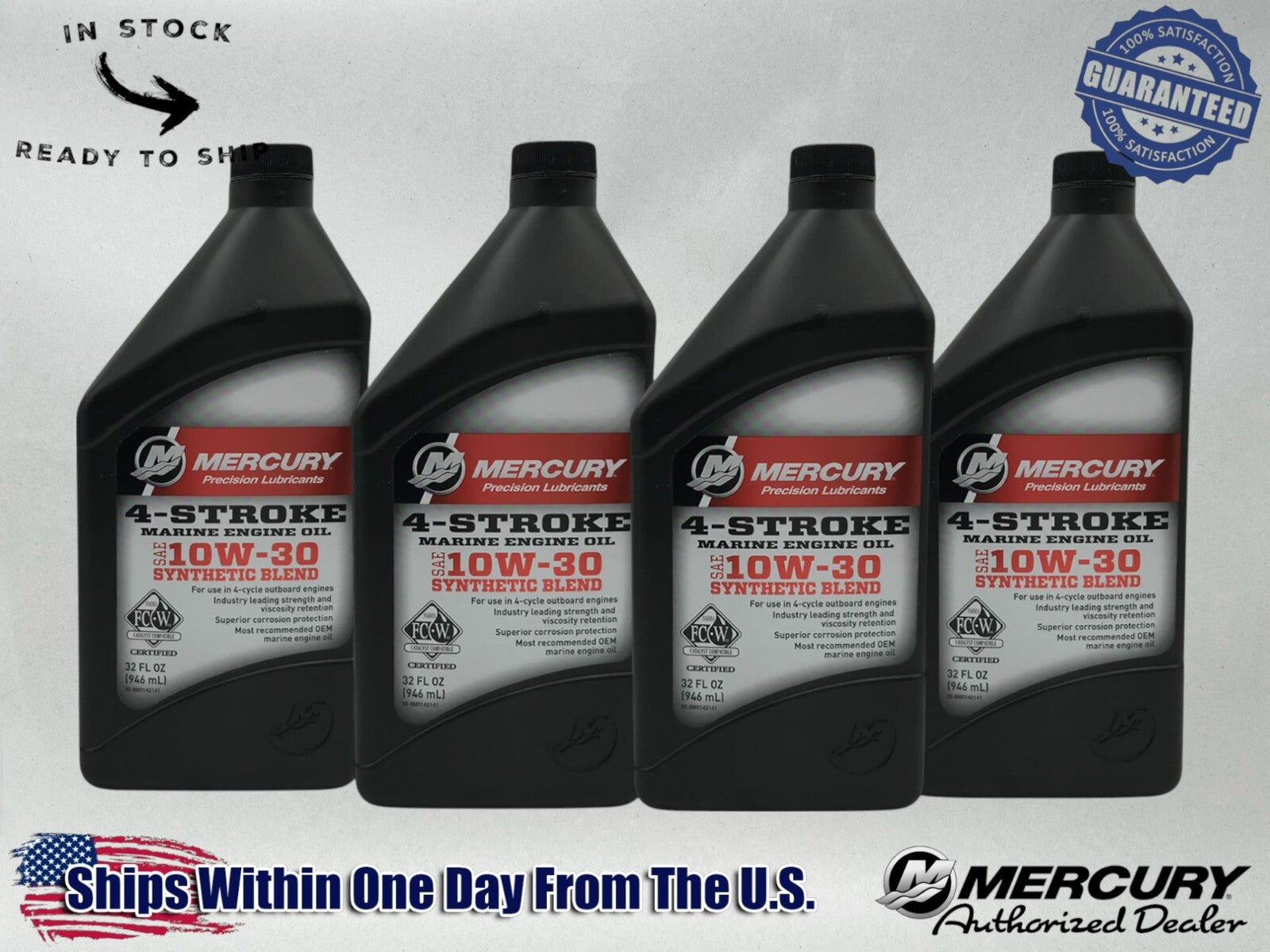 Mercury OEM Semi Synthetic 10W30 Marine Oil Quarts 92-8M0142141 4 Pack