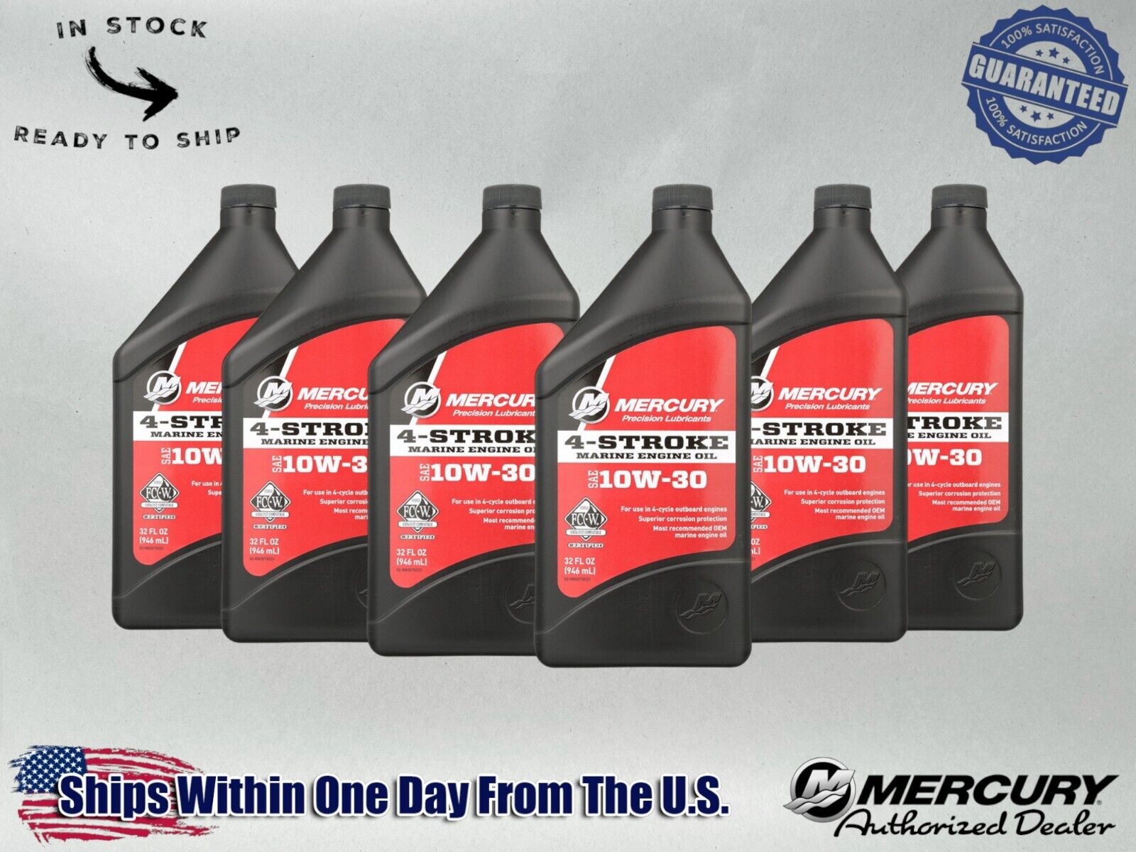 Mercury OEM SAE 10W-30 Mineral 4-Stroke Marine Engine Oil Quart 8M0078625-6PACK 