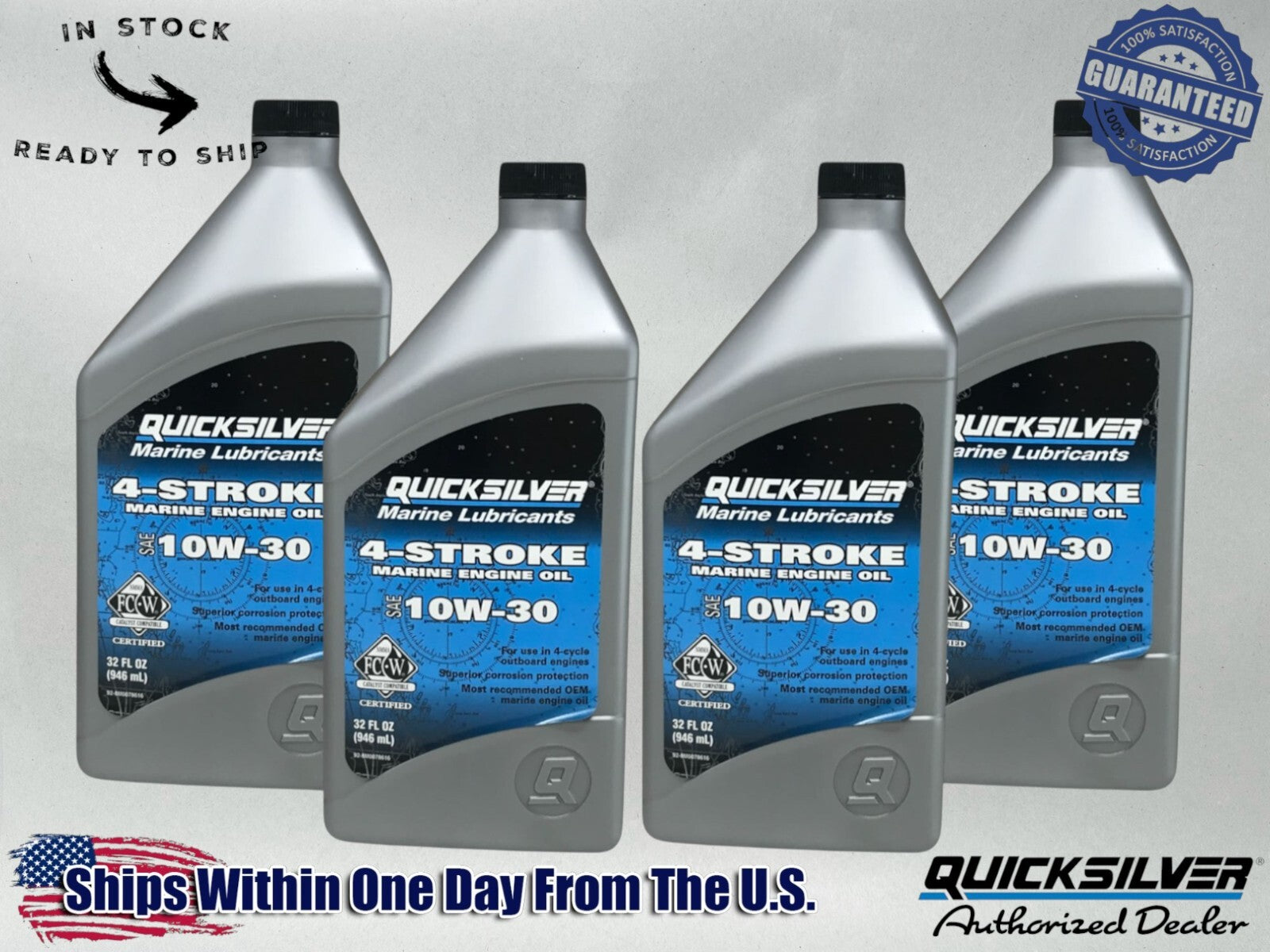 Quicksilver OEM 10W-30 Standard FCW Marine Oil Quarts 92-8M0078616 4 Pack