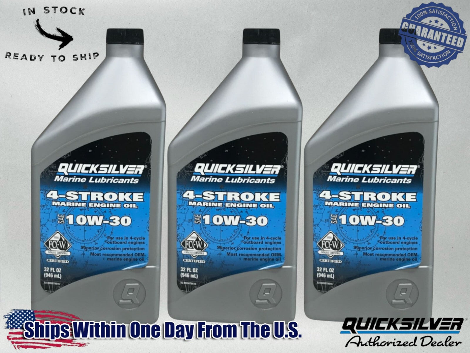 Quicksilver OEM 10W-30 Standard FCW Marine Oil Quarts 92-8M0078616 3 Pack