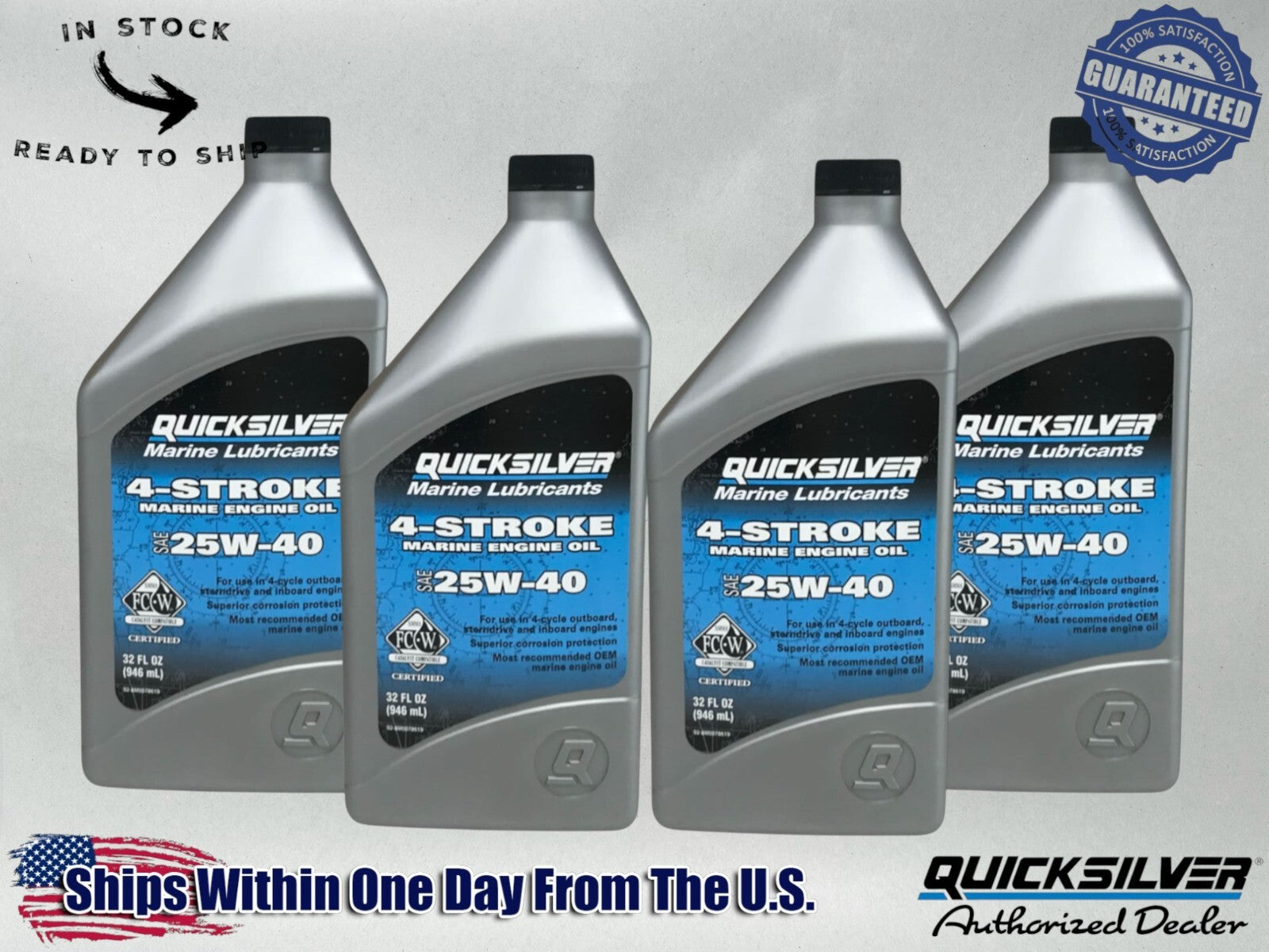 Quicksilver OEM 4 Stroke Std Marine Engine Oil 25W40 Quarts 92-8M0078619 4 Pack