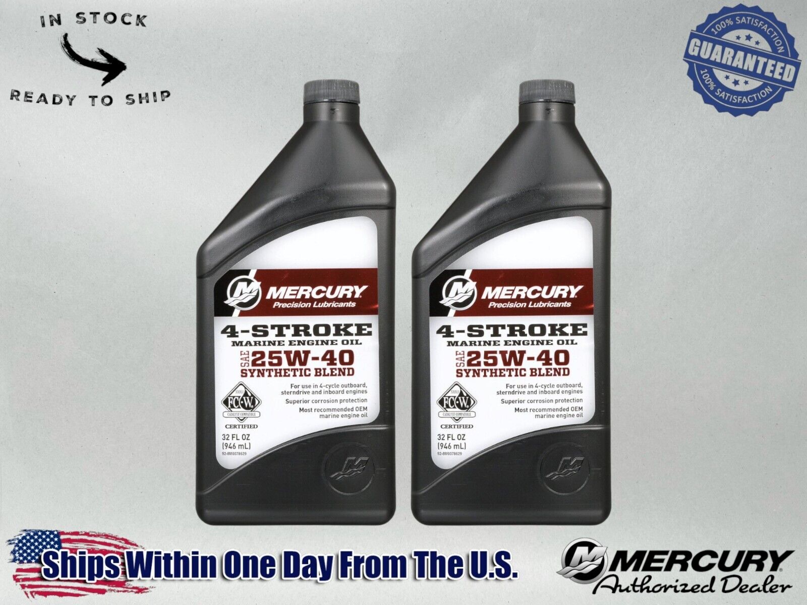 Mercury OEM SAE 25W-40 Synthetic Blend Marine Engine Oil Quart 8M0078629-2PACK 