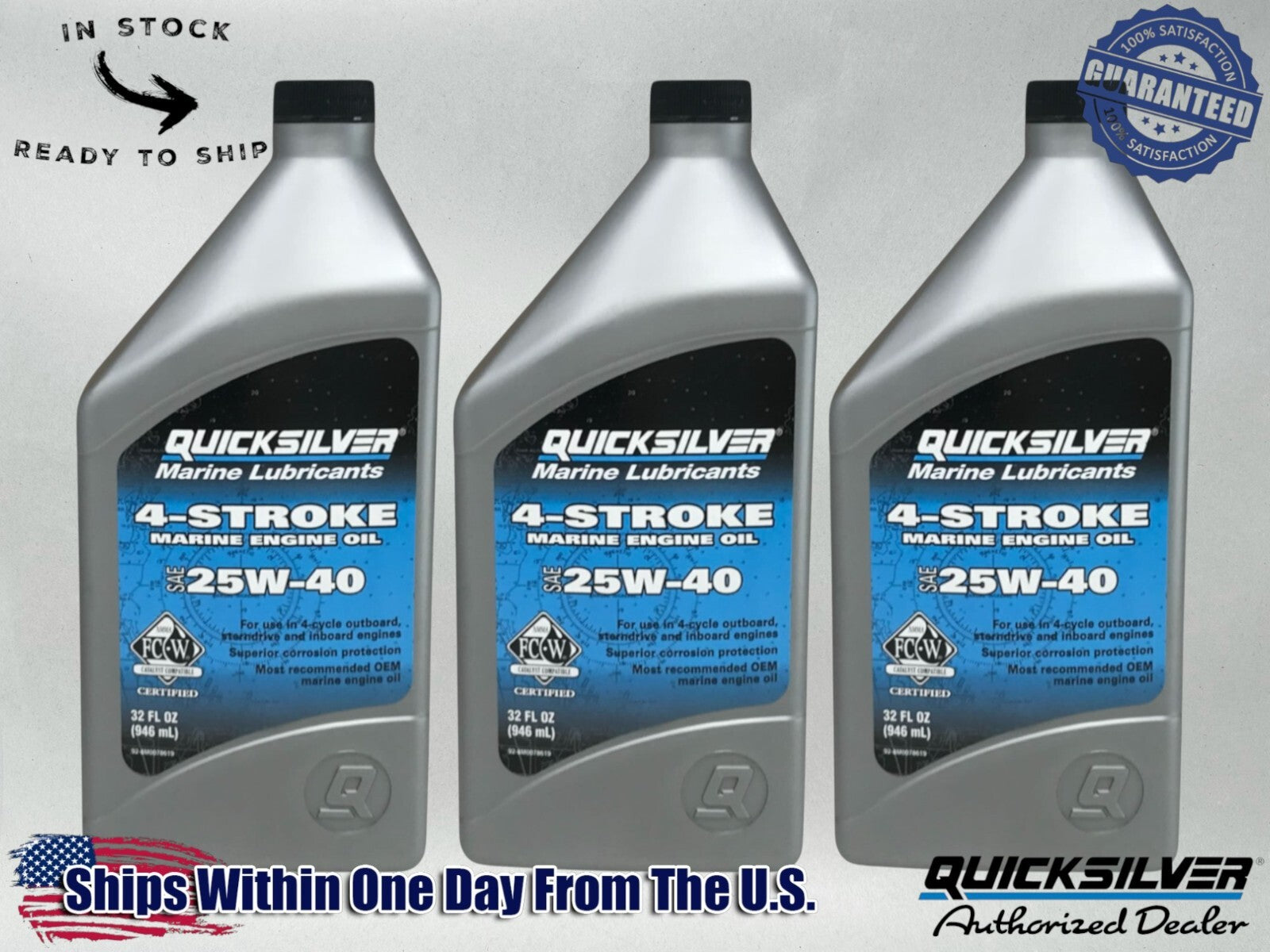 Quicksilver OEM 4 Stroke Std Marine Engine Oil 25W40 Quarts 92-8M0078619 3 Pack