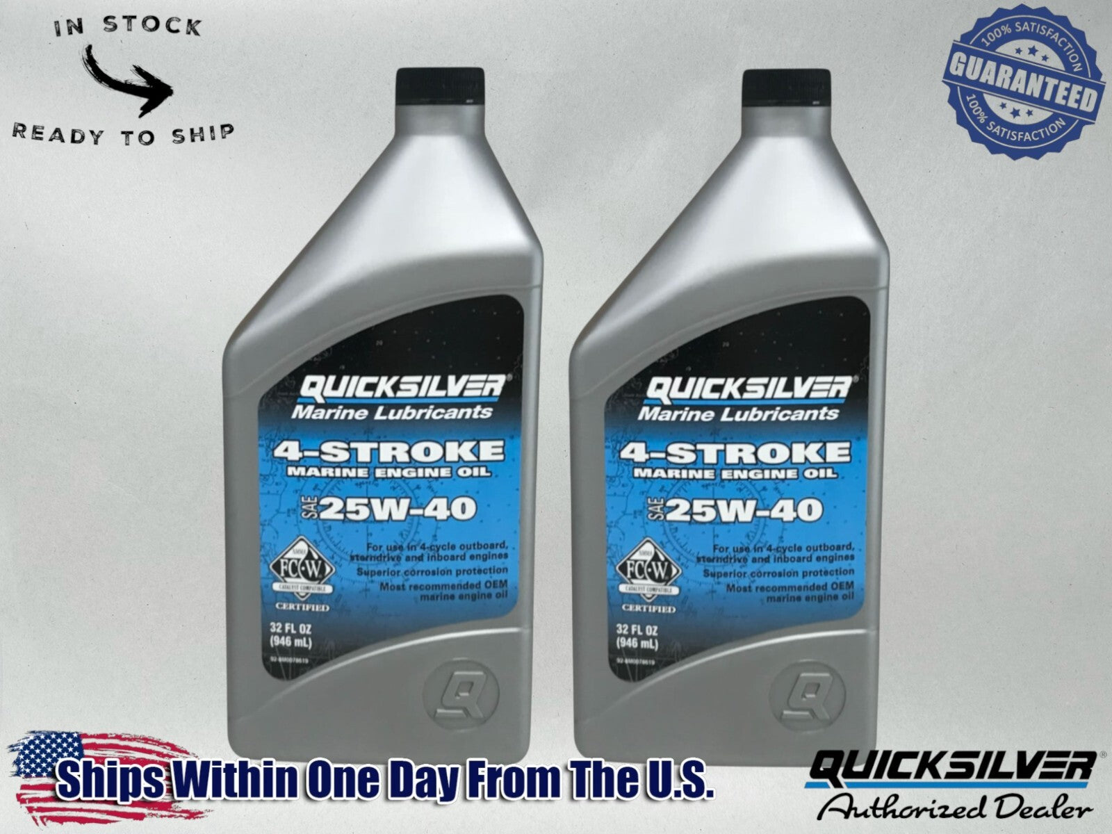Quicksilver OEM 4 Stroke Std Marine Engine Oil 25W40 Quarts 92-8M0078619 2 Pack
