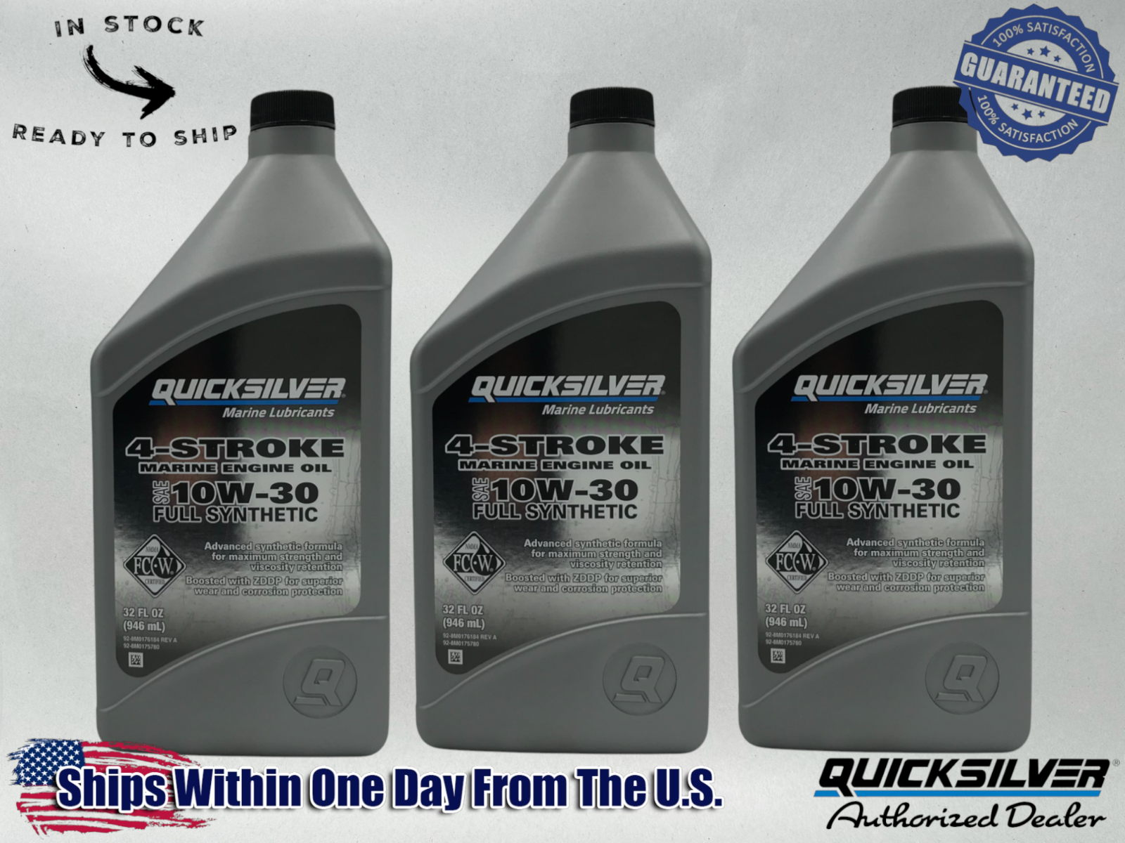 Quicksilver OEM Full Synthetic 10W30 Marine Oil Quarts 92-8M0175780 3 Pack