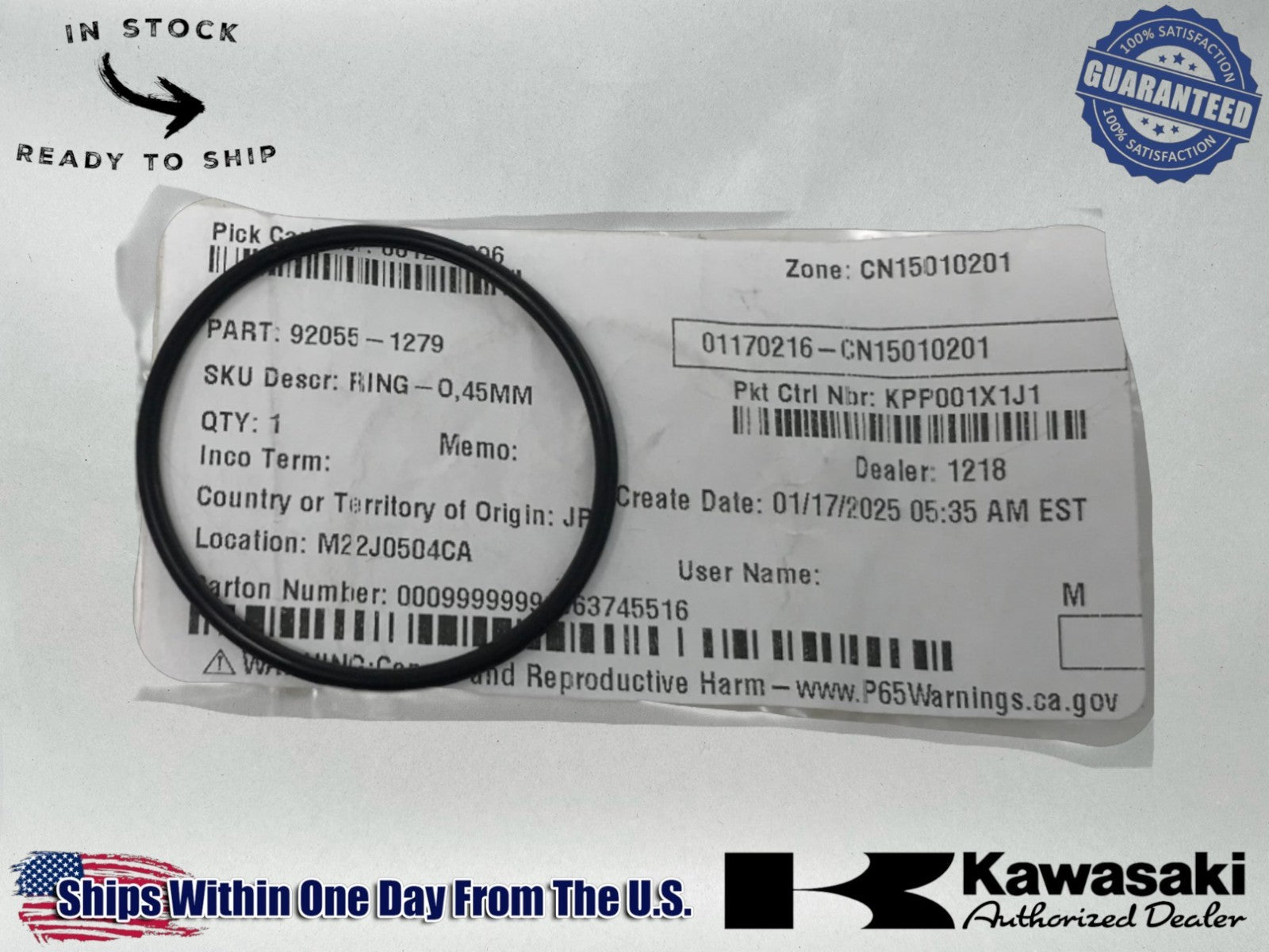 Kawasaki Genuine OEM Authentic RING-O,45MM 92055-1279