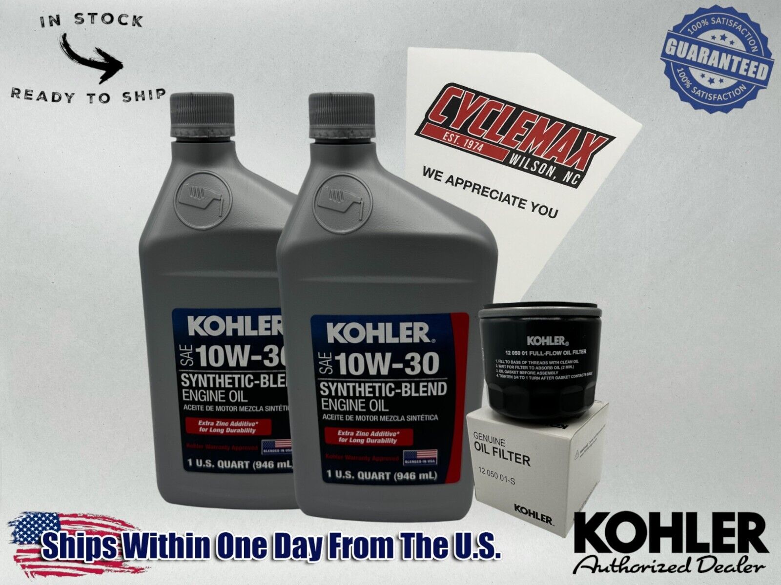 Cyclemax 10W-30 Semi Synthetic Oil Change Kit fits Kohler Lawnmower Engines