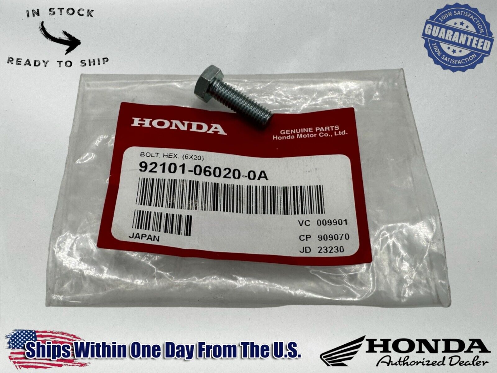 Honda Genuine OEM Authentic Hex Bolt 6X20 92101-06020-0A