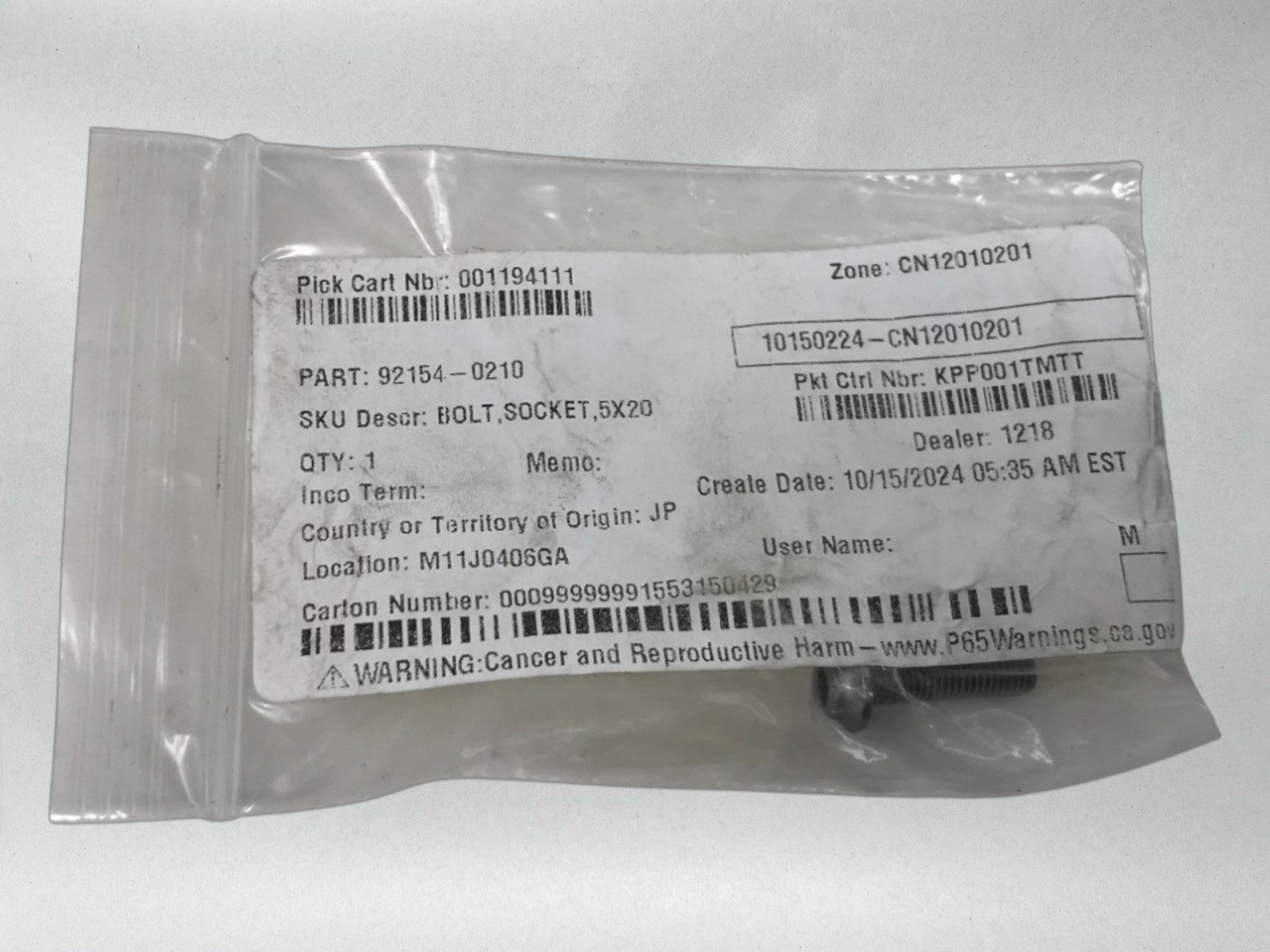 Kawasaki Genuine OEM Authentic BOLT,SOCKET,5X20 92154-0210 92154-0210