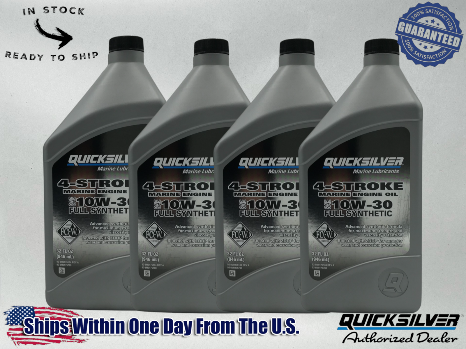 Quicksilver OEM Full Synthetic 10W30 Marine Oil Quarts 92-8M0175780 4 Pack