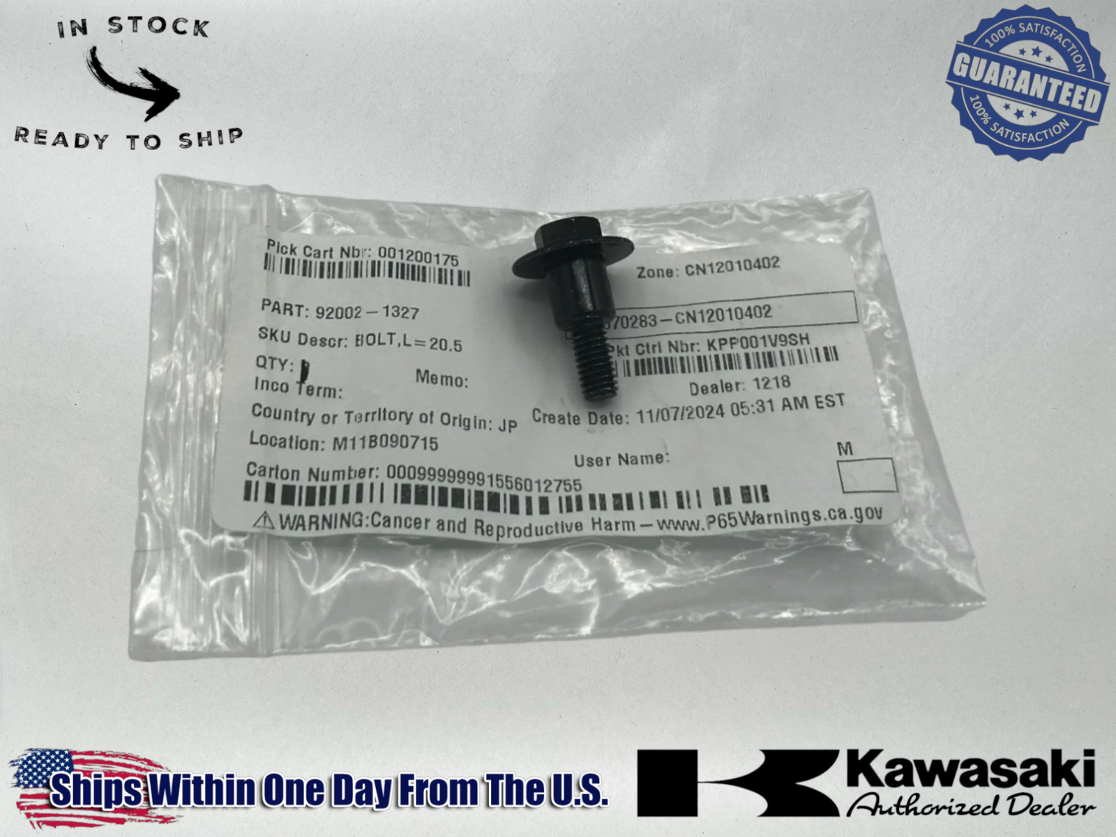 Kawasaki Genuine OEM Authentic Bolt 92002-1327 1