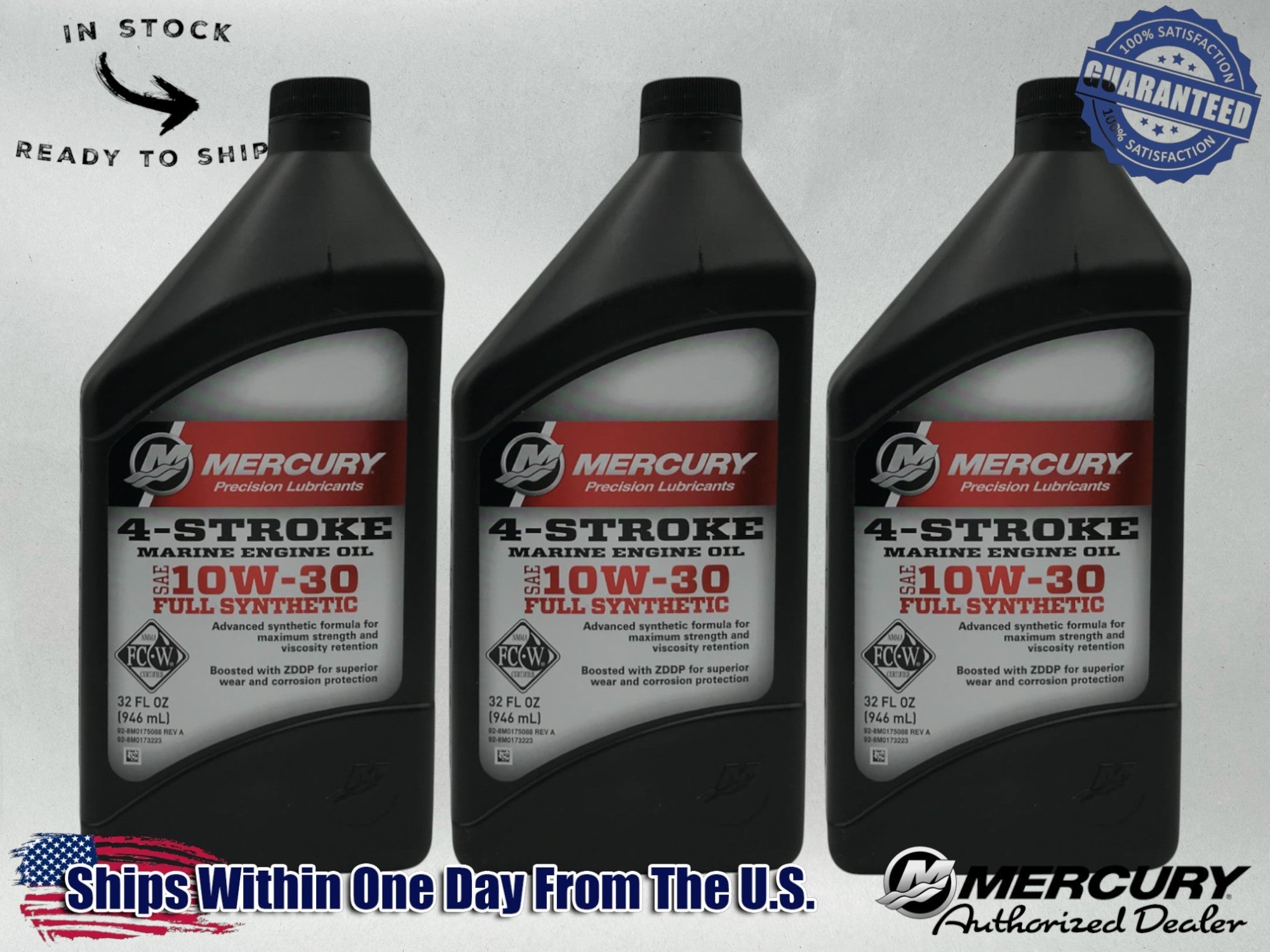 Mercury OEM Full Synthetic 10W30 Marine Oil Quarts 92-8M0173223 3 Pack