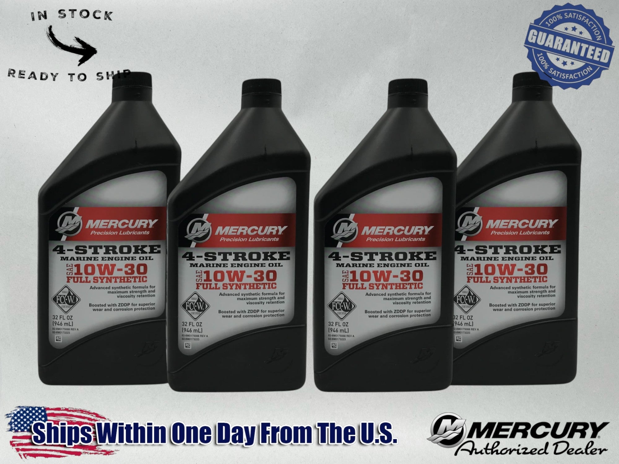 Mercury OEM Full Synthetic 10W30 Marine Oil Quarts 92-8M0173223 4 Pack