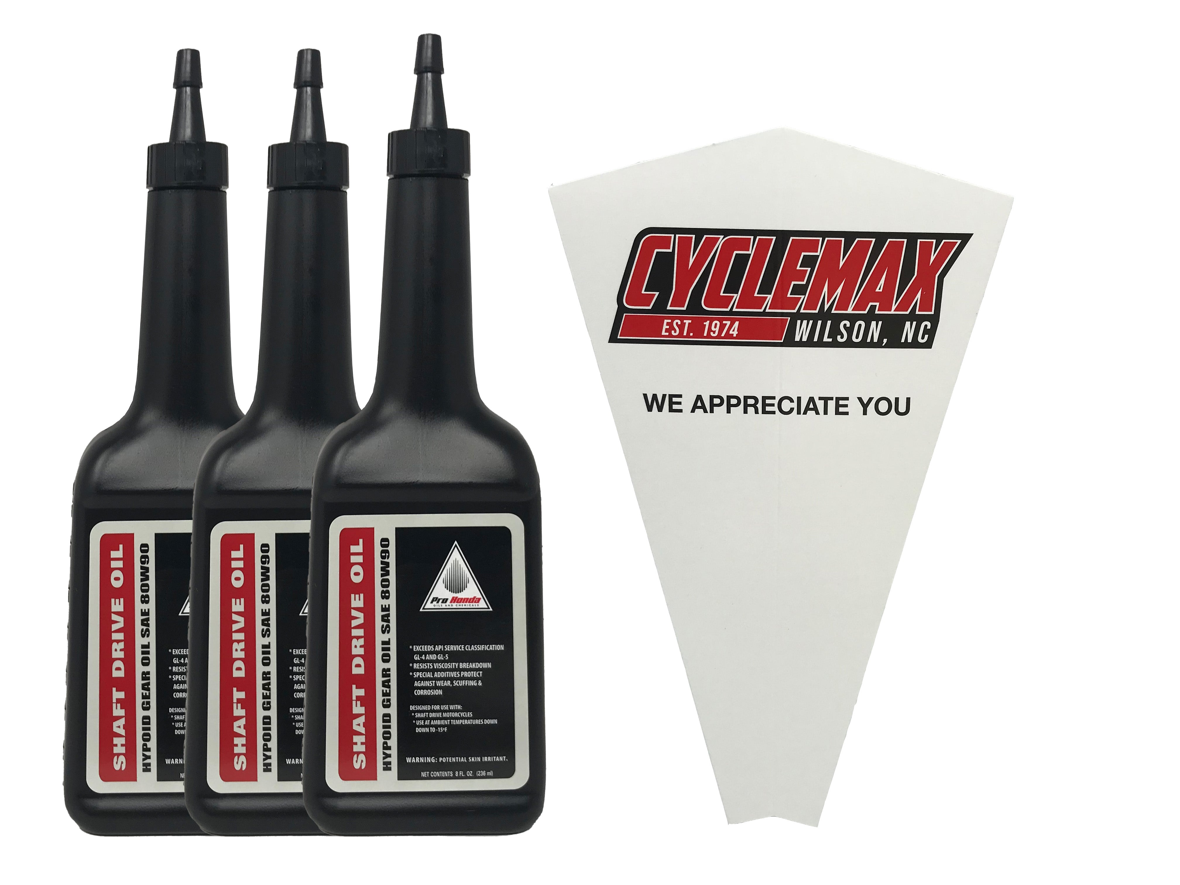 Cyclemax Three Pack for Honda 8oz Shaft Drive Oil 08208-0080 Contains Three Bottles and a Funnel