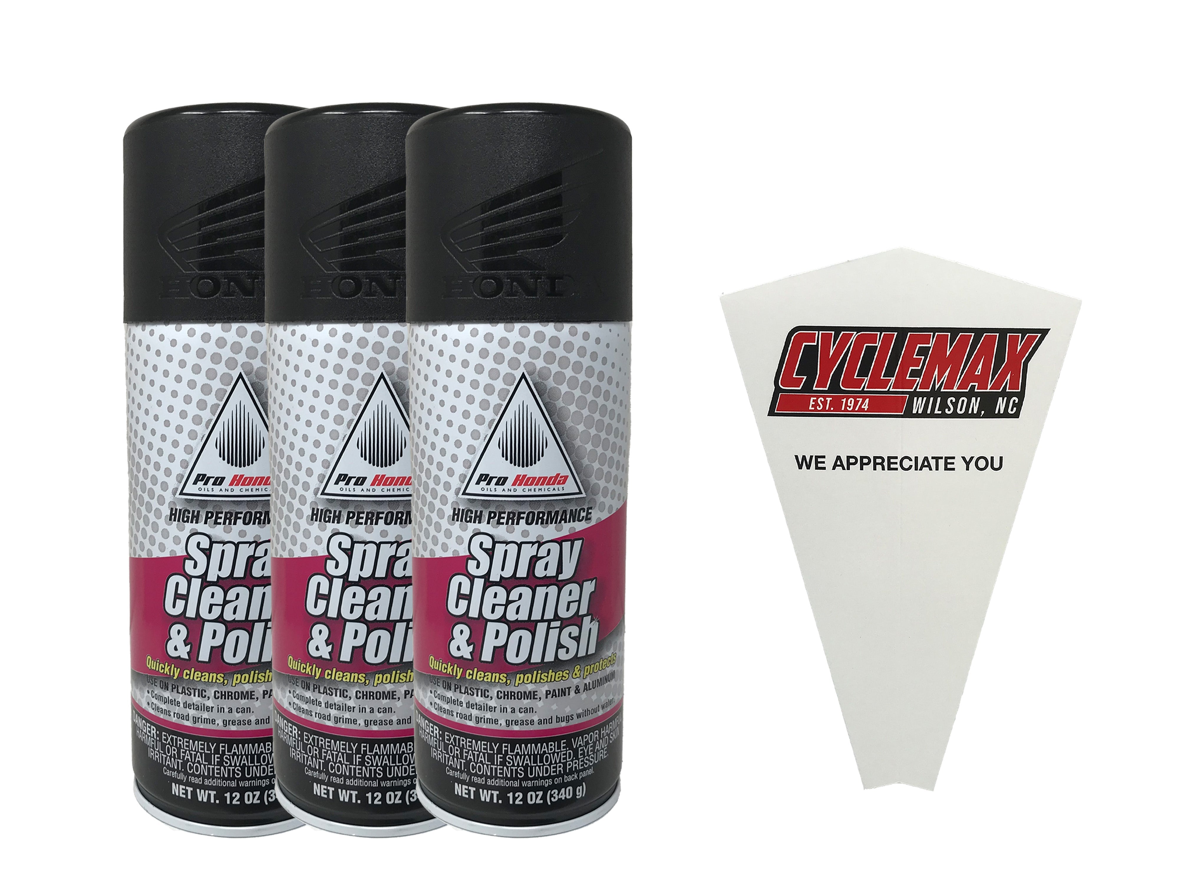 CYCLEMAX Three Pack for Honda Spray Cleaner & Polish 08732-SCP00 Contains Three 12oz Cans and a Funnel