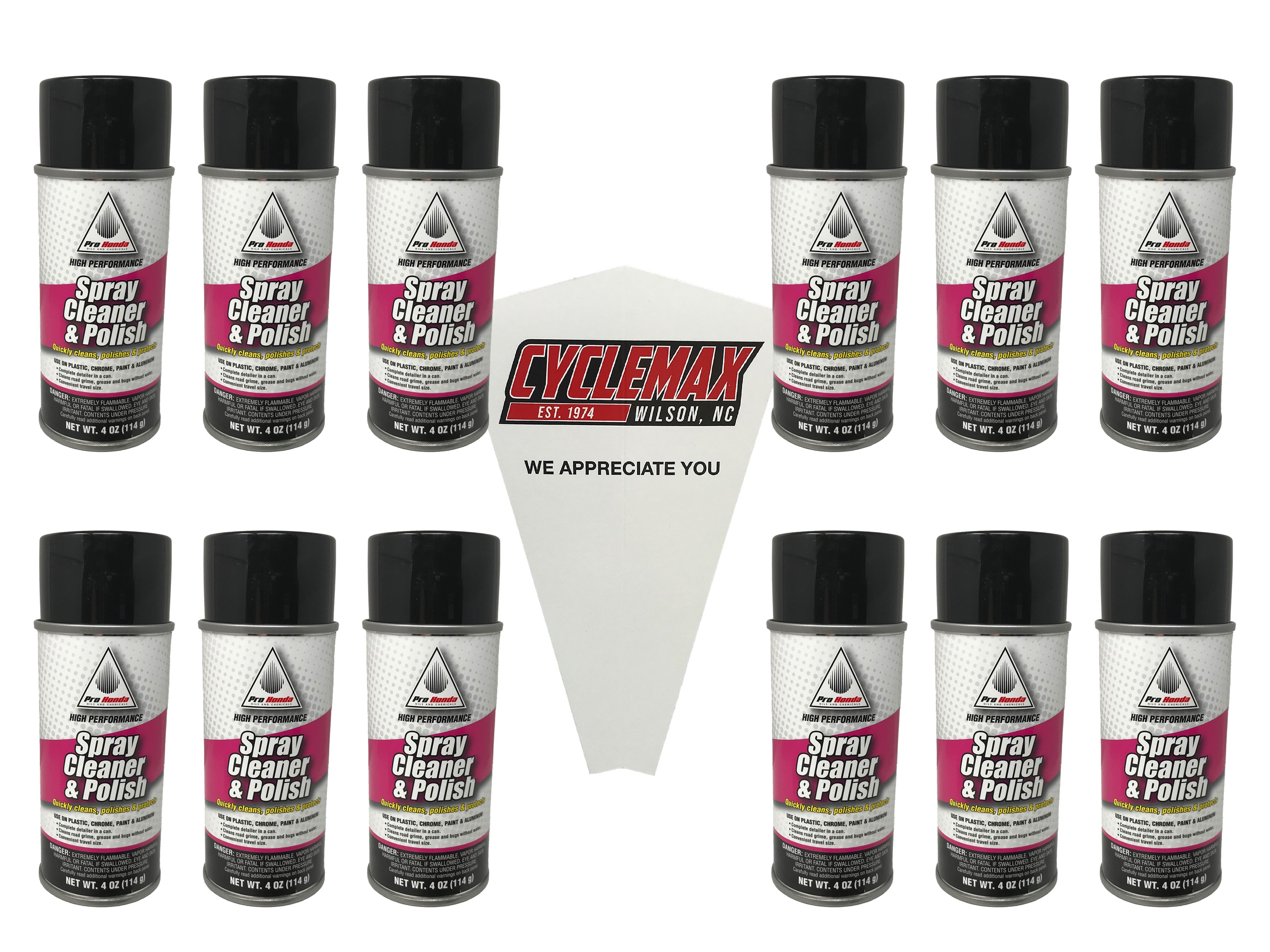 CYCLEMAX Twelve Pack for Honda Pro Honda Spray Cleaner and Polish 08732-SCPSM Contains Twelve 4oz Cans and a Funnel