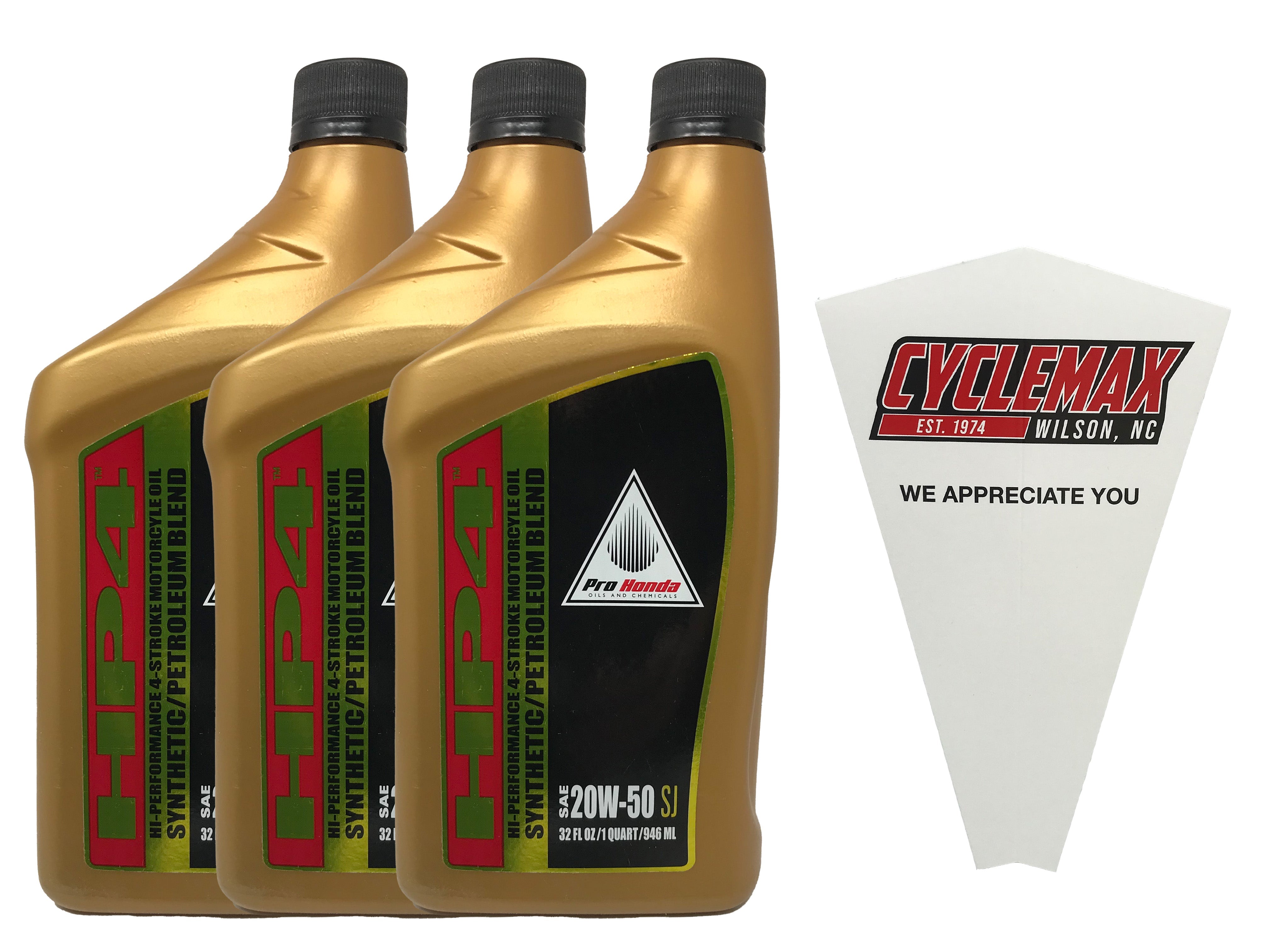 Cyclemax Three Pack for Honda HP4 20W-50 Semi Synthetic Oil Blend 08C35-A25W0M Contains Three Quarts and a Funnel