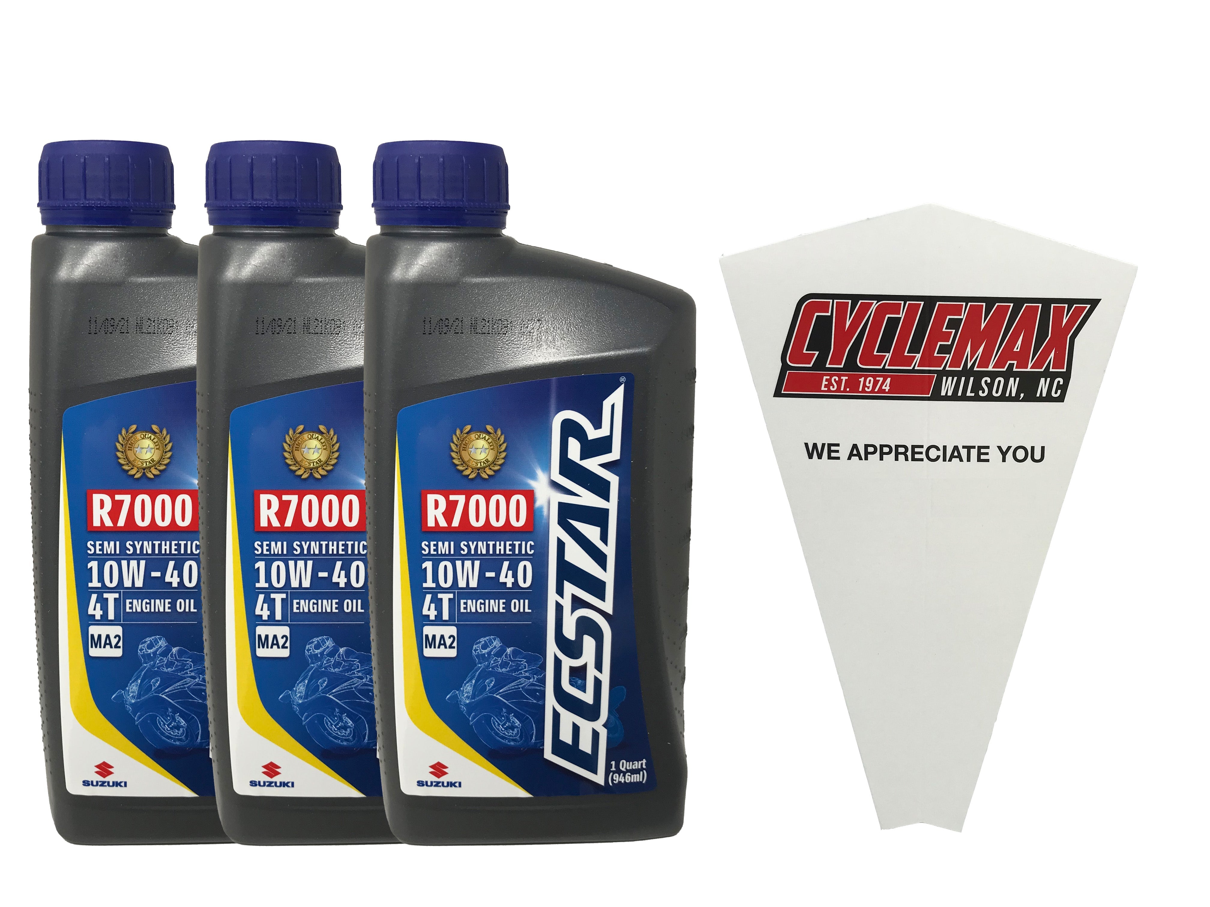 Cyclemax Three Pack for Suzuki Ecstar R7000 10W-40 Semi Synthetic Blend 4-Stroke Motor Oil 990A0-01E30-01Q Contains Three Quarts and a Funnel