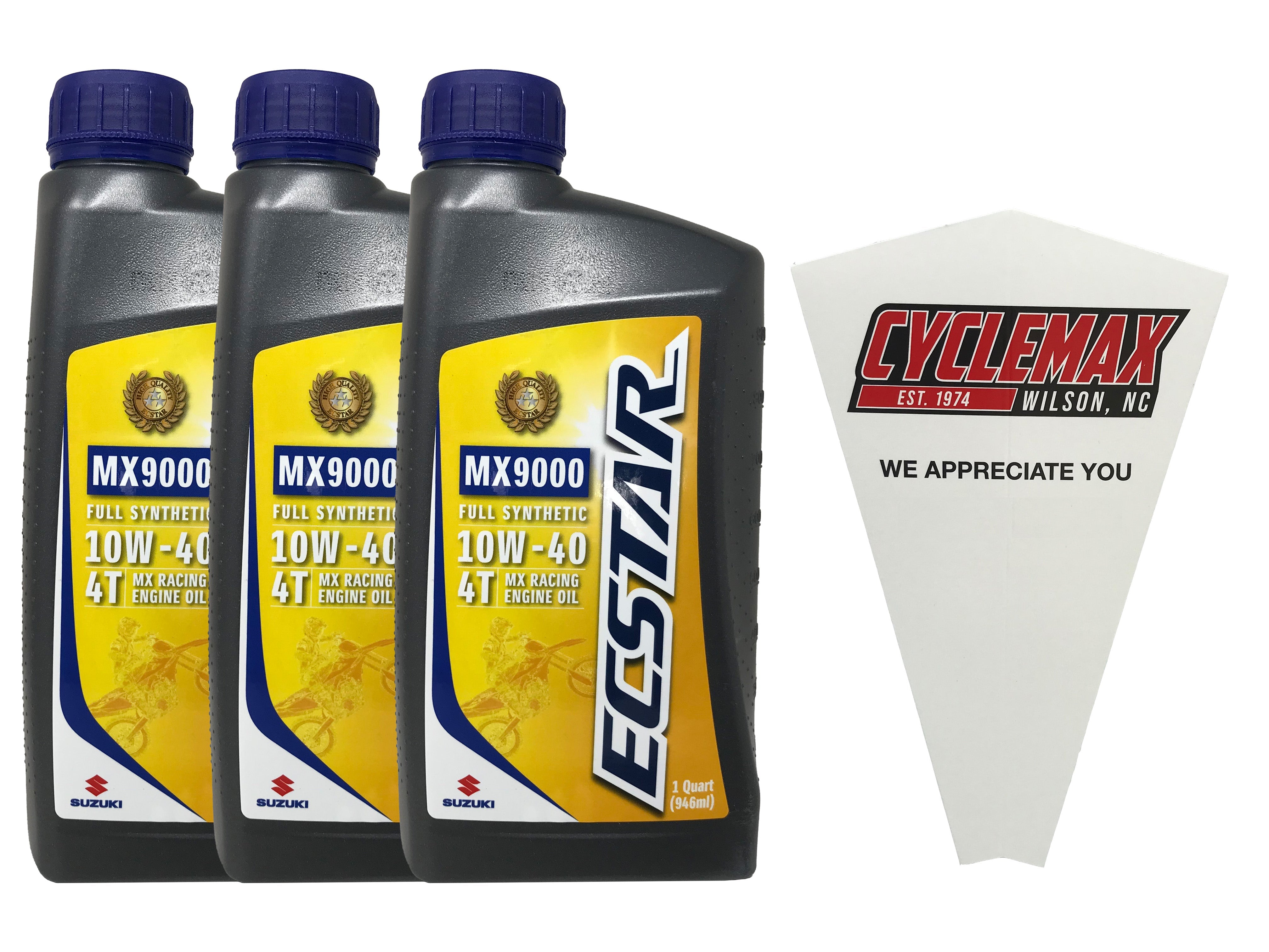 Cyclemax Three Pack for Suzuki Ecstar Full Synthetic Blend 4-Stroke 10W-40 Oil 990A0-01E50-01Q Contains Three Quarts and a Funnel