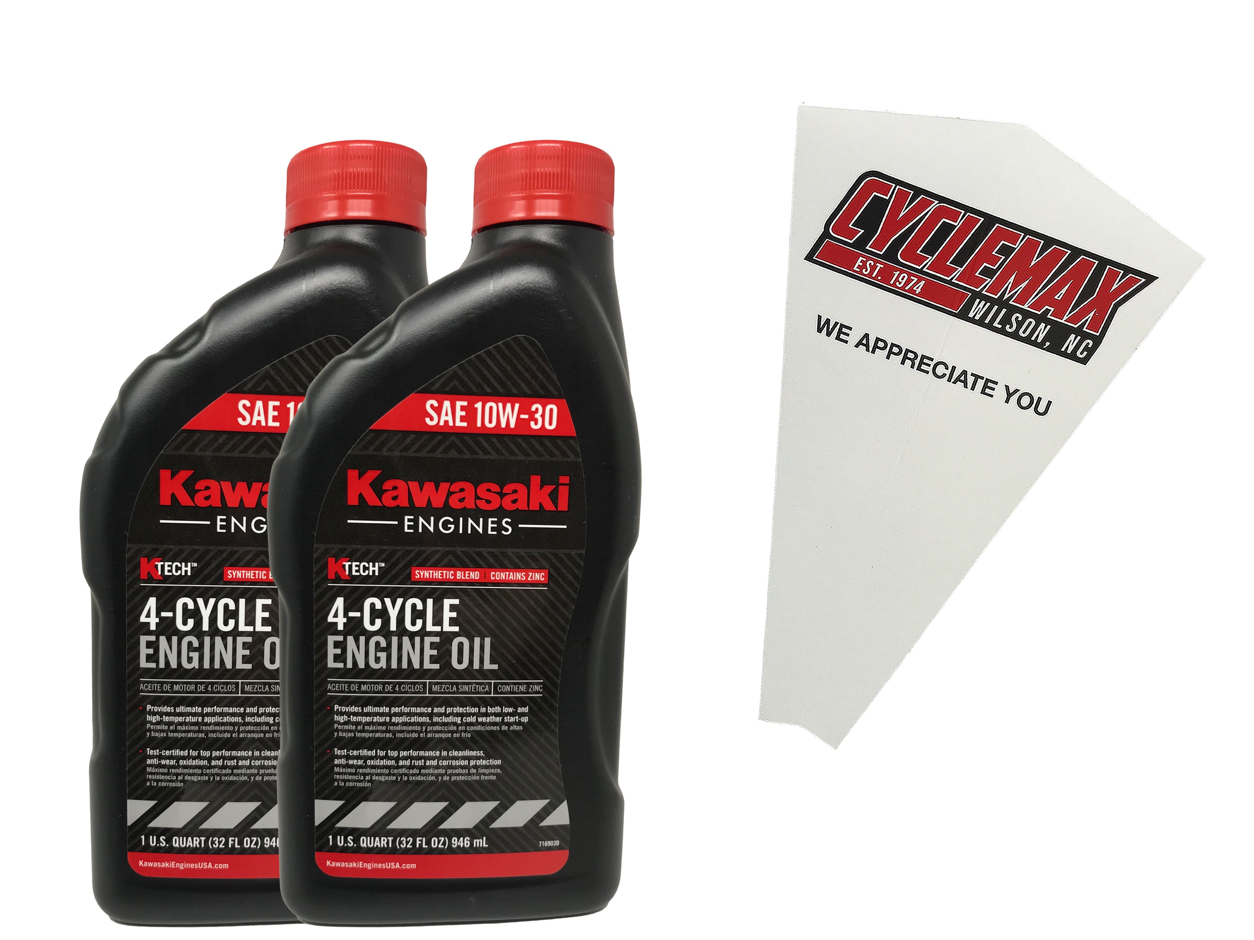 Cyclemax Two Pack for Kawasaki SAE 10W-30 4-Cycle K-Tech Lawnmower Engine Oil 99969-6081 Contains Two Quarts and a Funnel