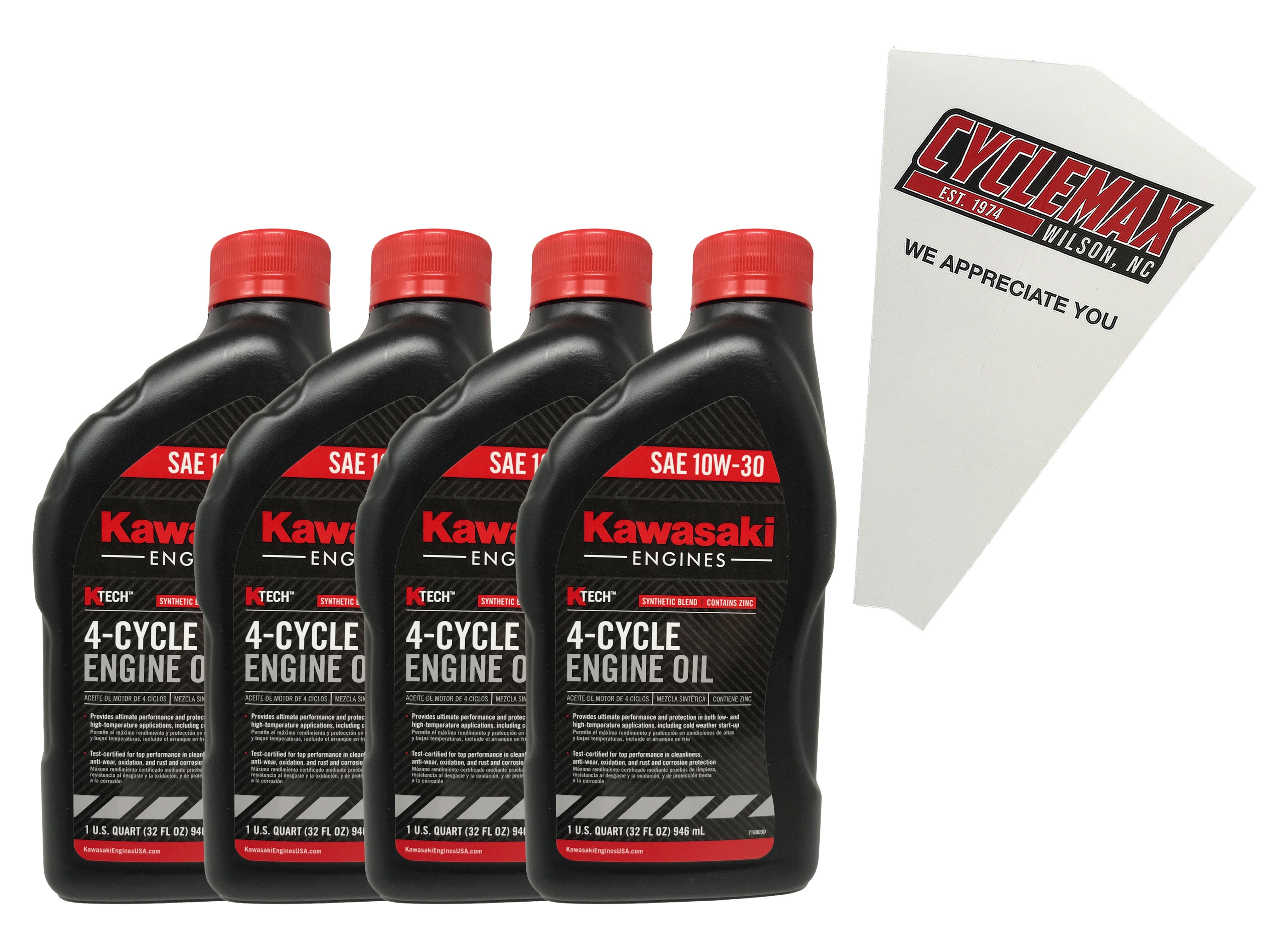 Cyclemax Four Pack for Kawasaki SAE 10W-30 4-Cycle K-Tech Lawnmower Engine Oil 99969-6081 Contains Four Quarts and a Funnel