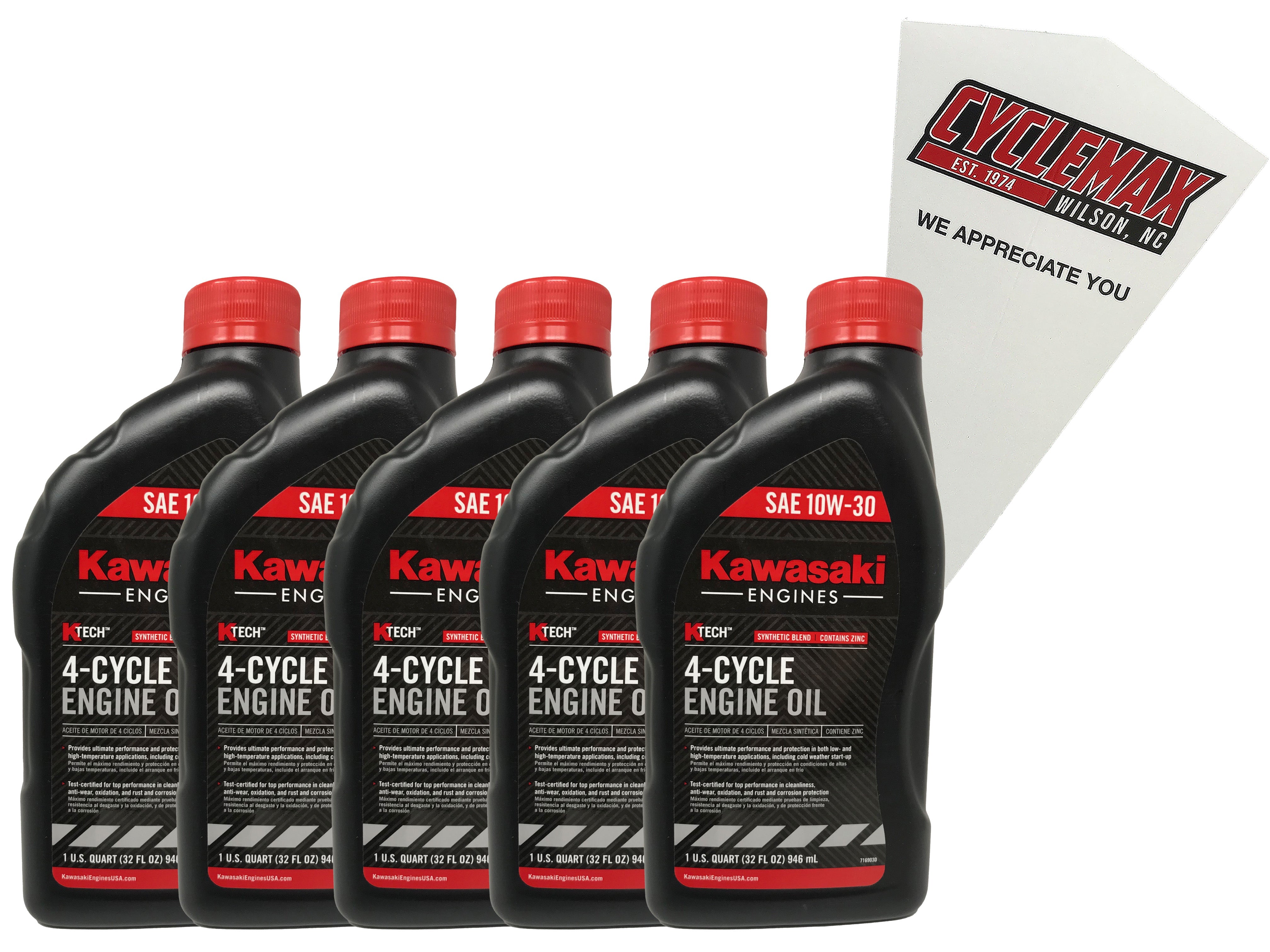 Cyclemax Five Pack for Kawasaki SAE 10W-30 4-Cycle K-Tech Lawnmower Engine Oil 99969-6081 Contains Five Quarts and a Funnel