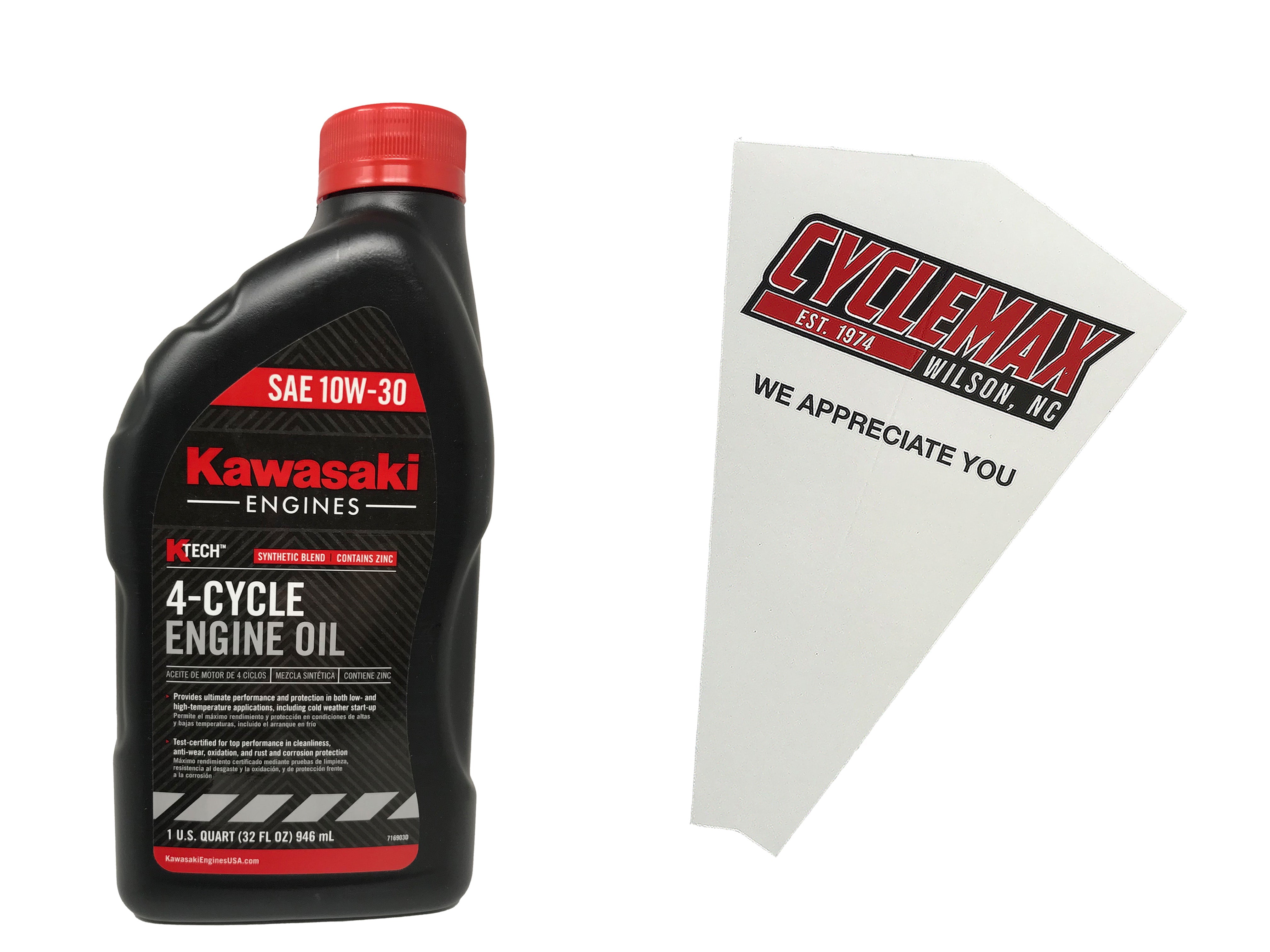 Cyclemax One Pack for Kawasaki SAE 10W-30 4-Cycle K-Tech Lawnmower Engine Oil 99969-6081 Contains One Quart and a Funnel