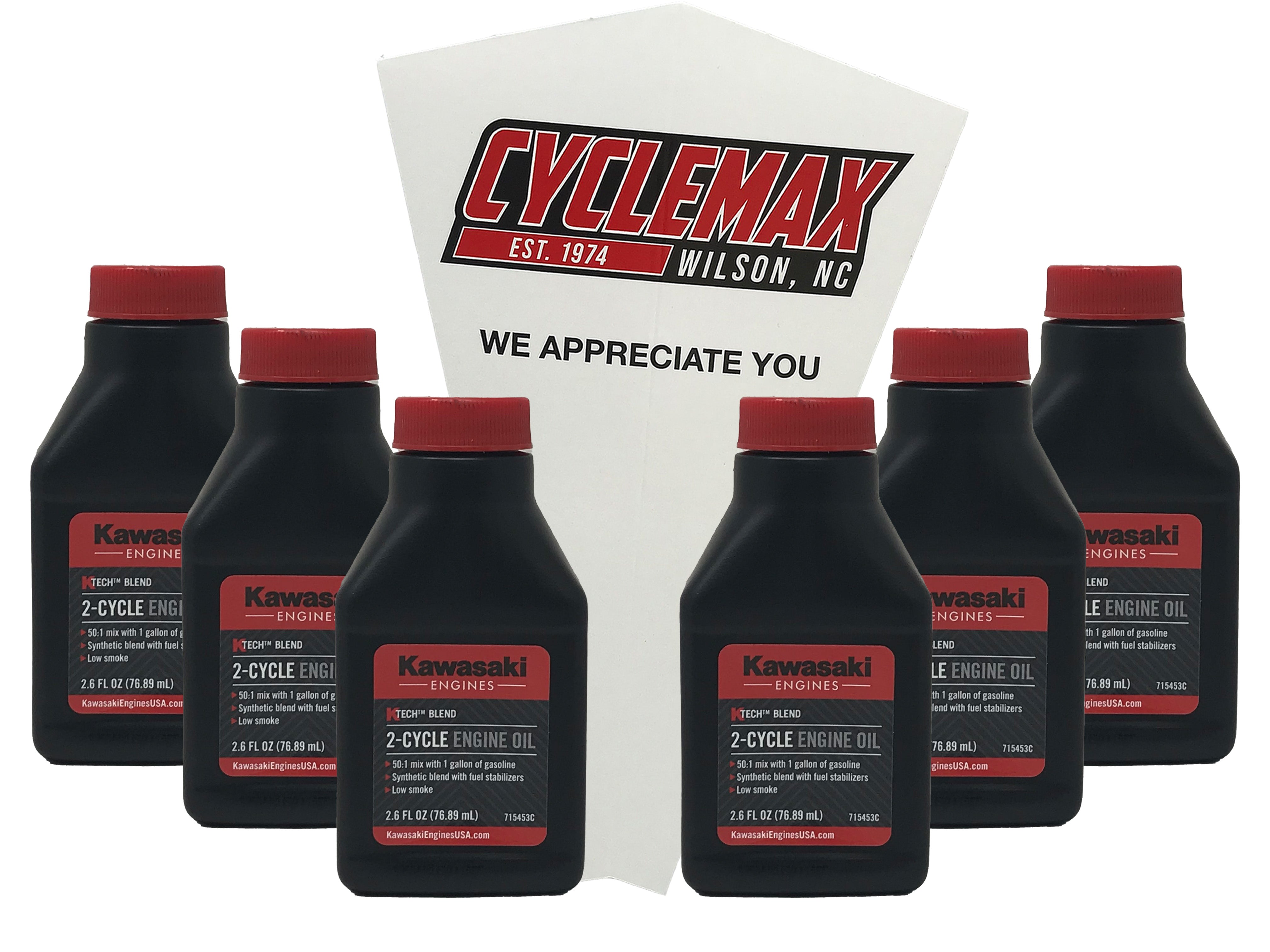 Cyclemax Six Pack of Kawasaki KTech 2-Cycle Two Stroke Engine Oil 2.6oz 99969-6082 Contains Six Bottles and a Funnel