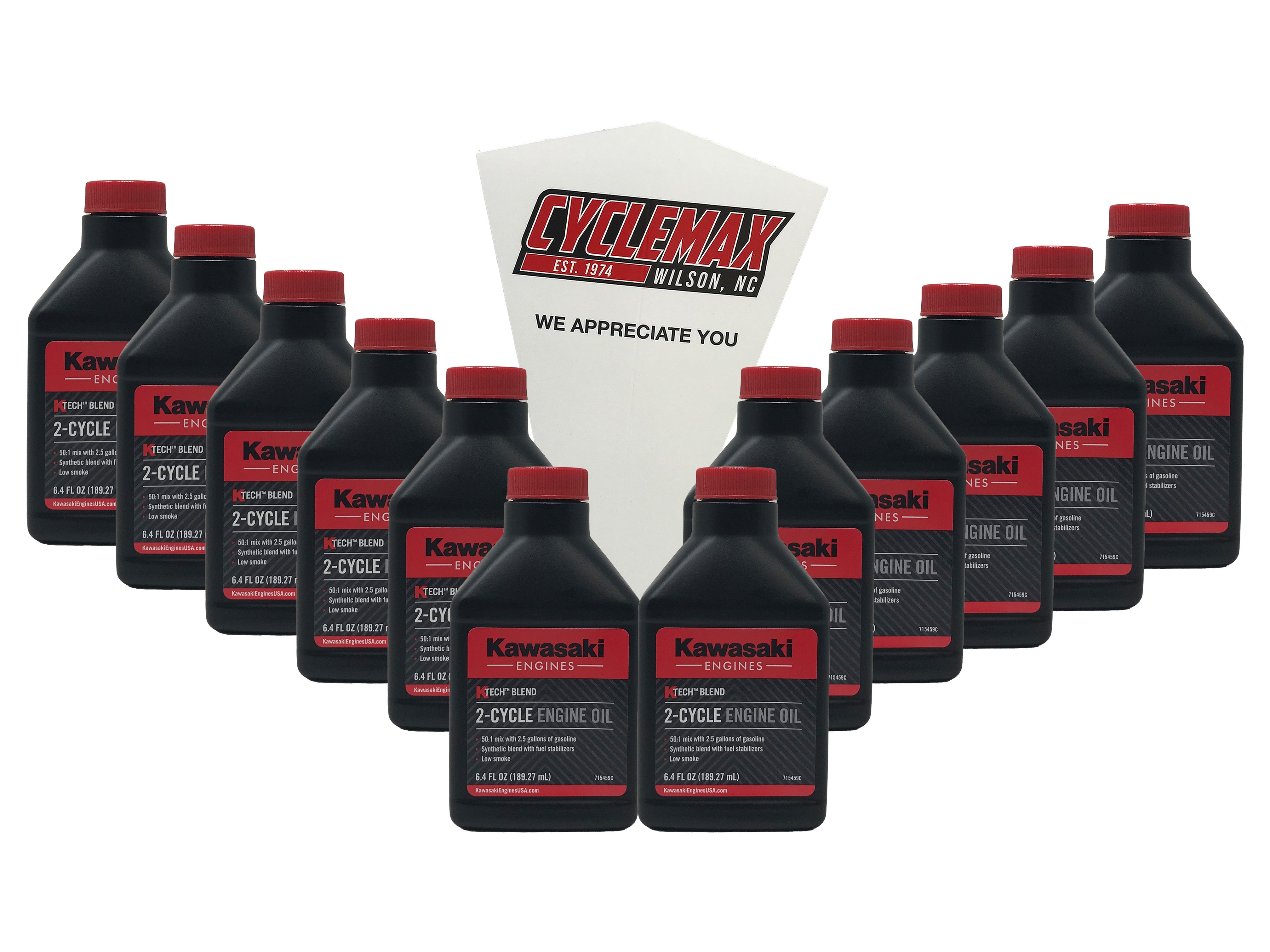 Cyclemax Twelve Pack of Kawasaki KTech 2-Cycle Two Stroke Engine Oil 6.4oz 99969-6084 Contains Twelve Bottles and a Funnel