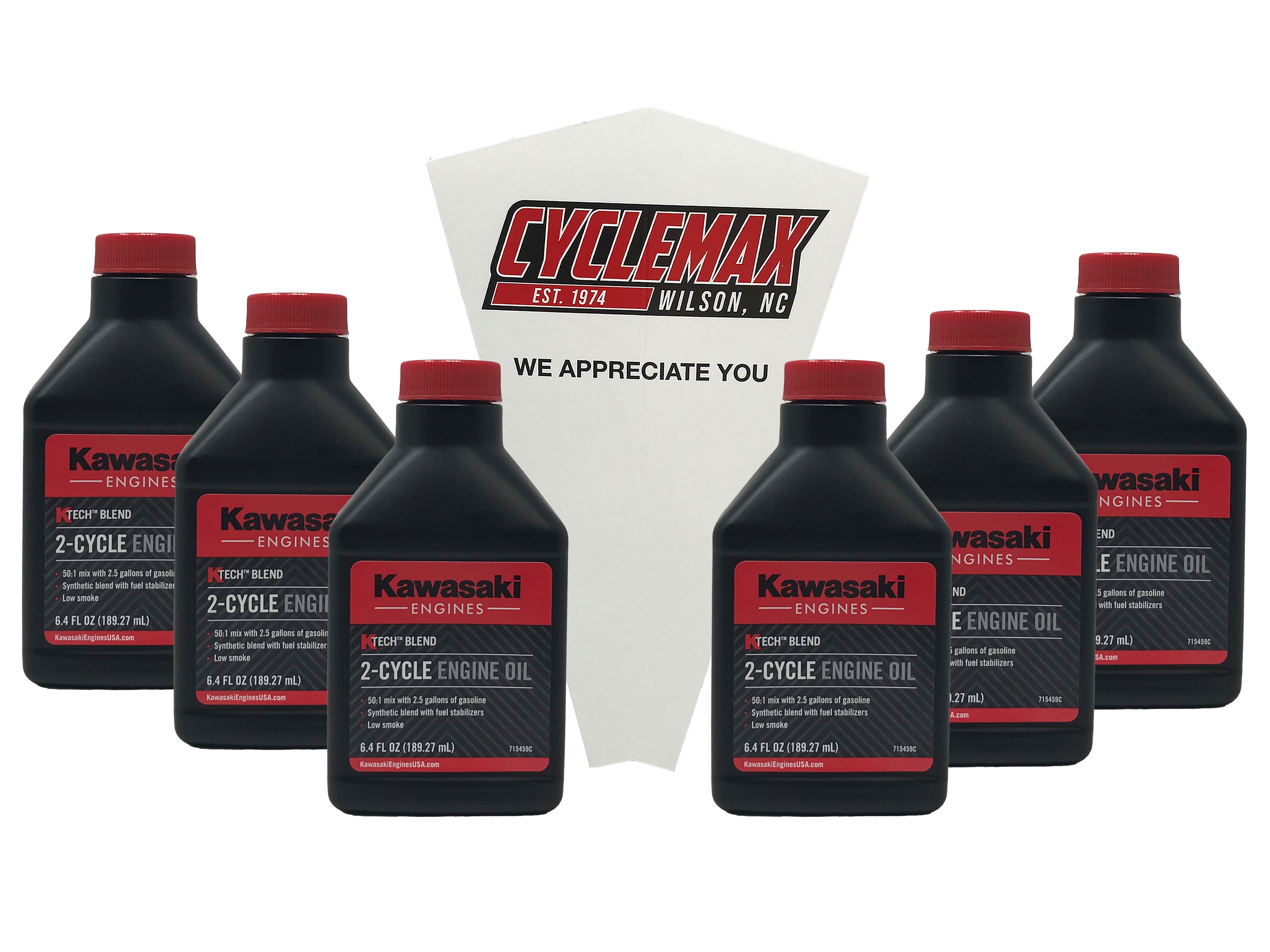 Cyclemax Six Pack of Kawasaki KTech 2-Cycle Two Stroke Engine Oil 6.4oz 99969-6084 Contains Six Bottles and a Funnel