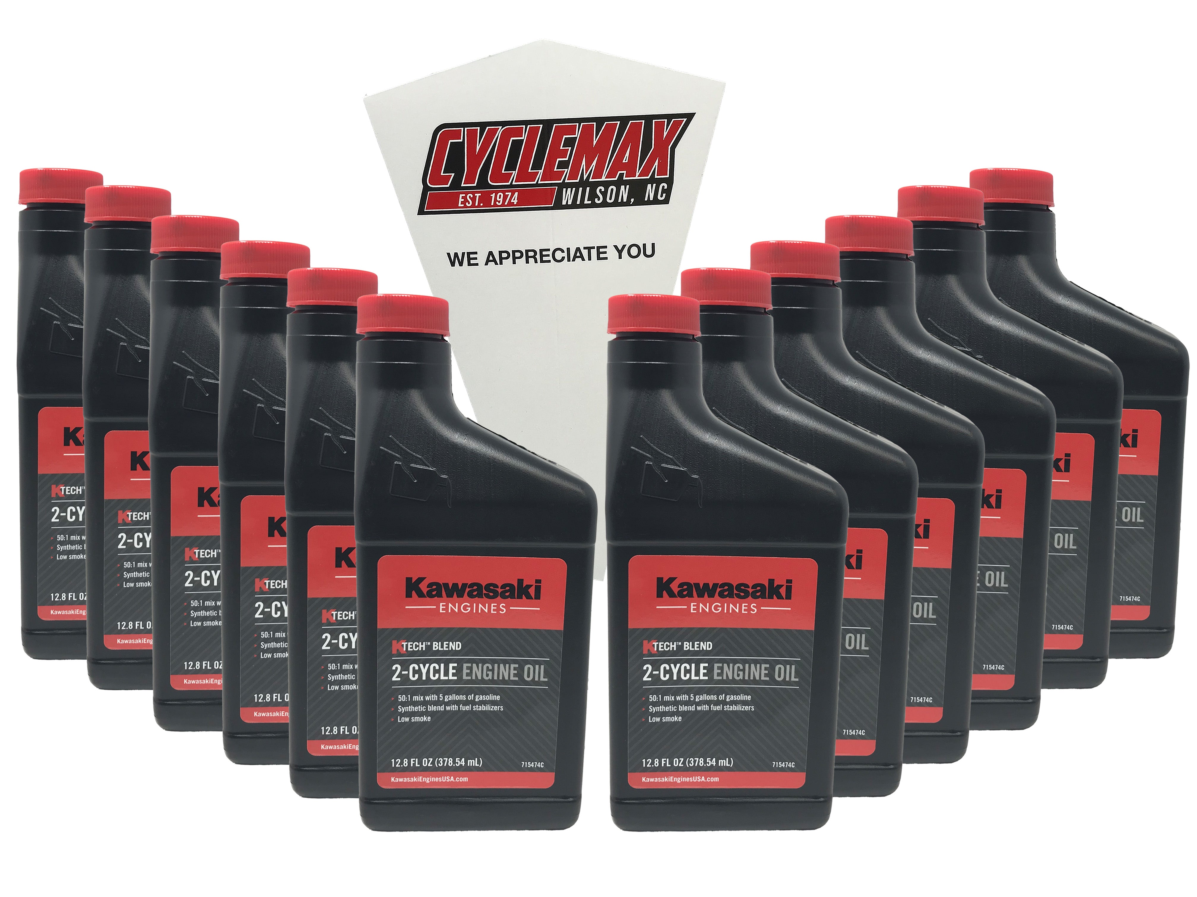 Cyclemax Twelve Pack of Kawasaki KTech 2-Cycle Two Stroke Engine Oil 12.8oz 99969-6085 Contains Twelve Bottles and a Funnel