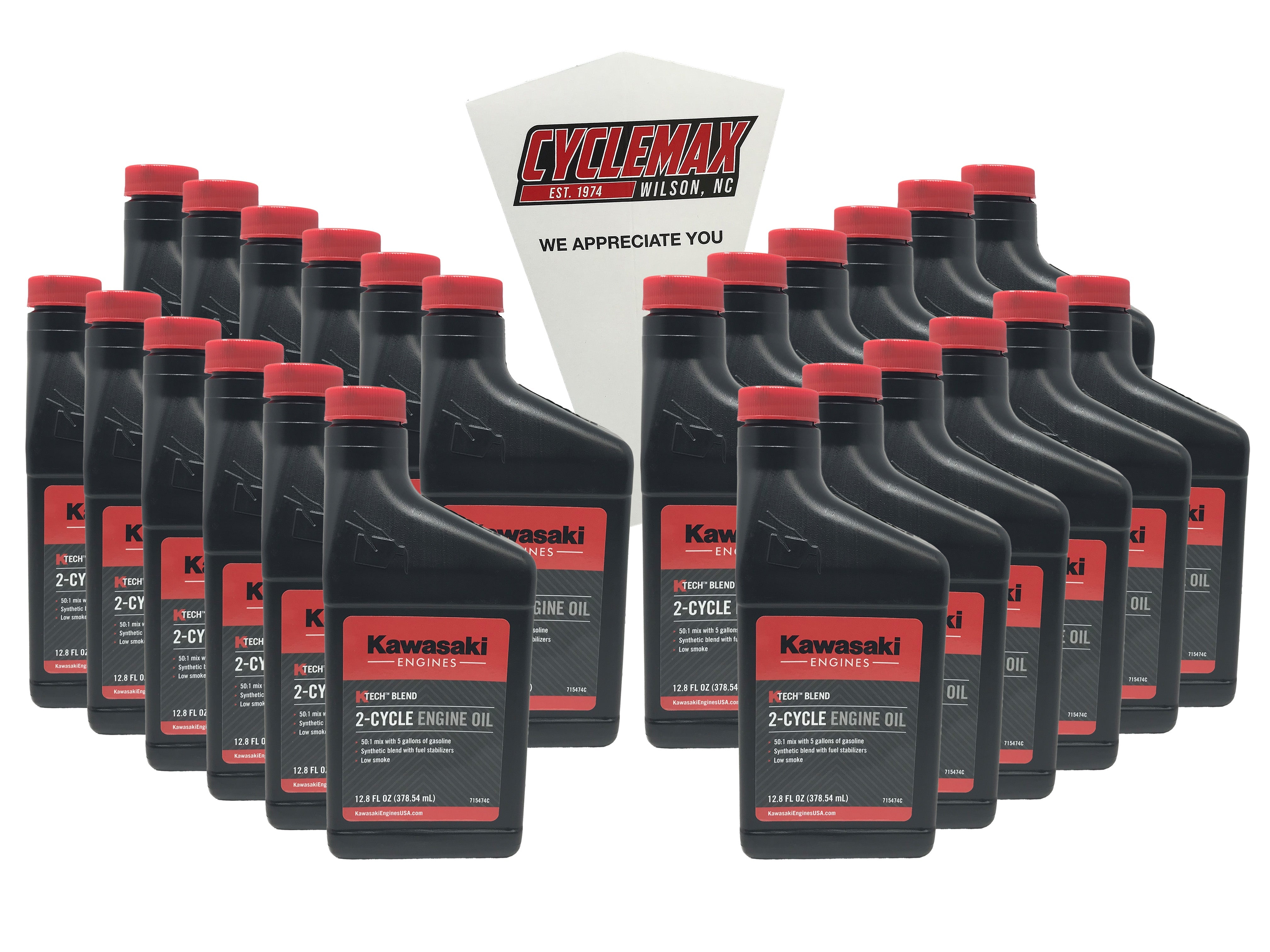 Cyclemax Twenty Four Pack of Kawasaki KTech 2-Cycle Two Stroke Engine Oil 12.8oz 99969-6085 Contains Twenty Four Bottles and a Funnel