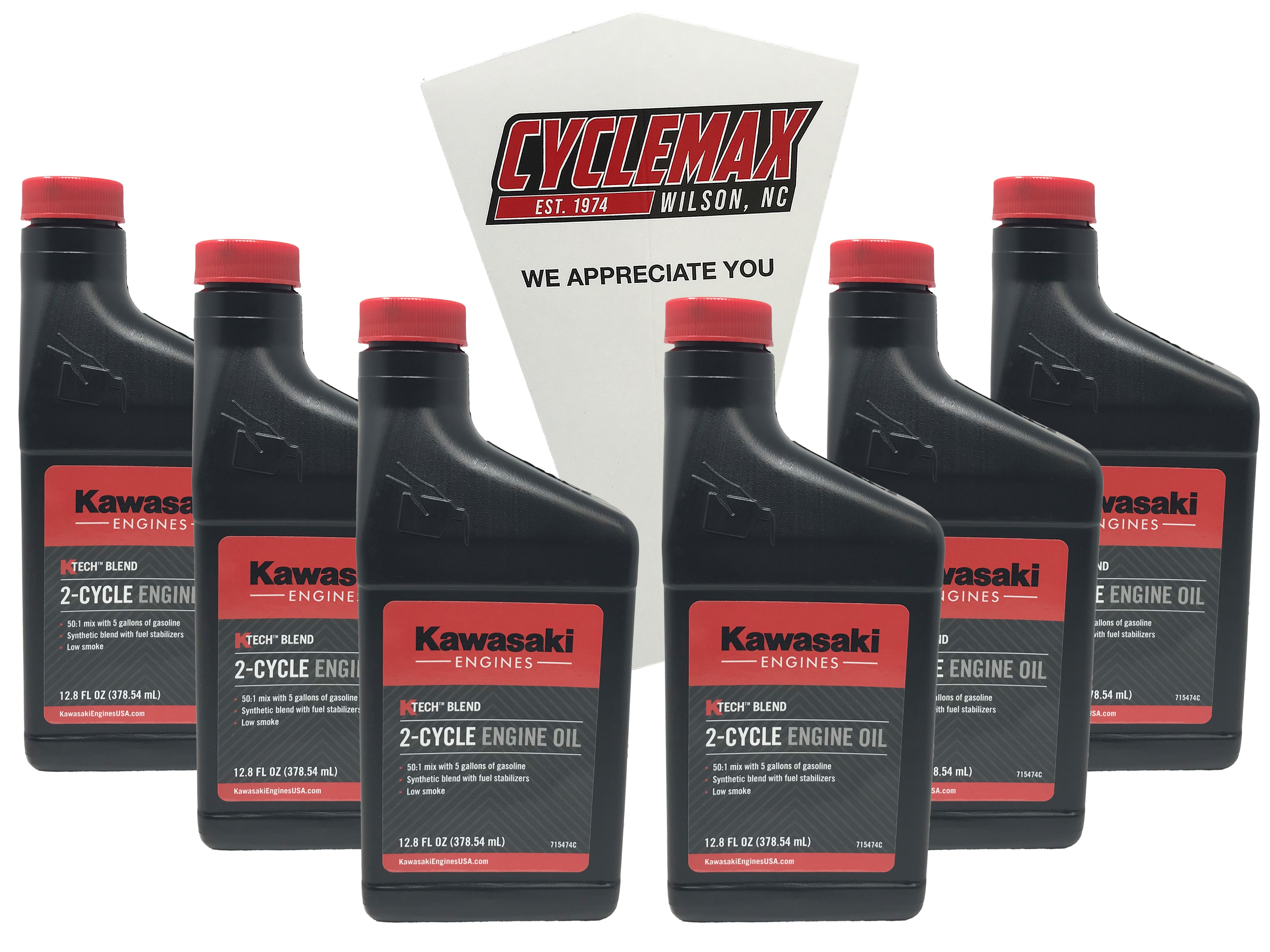 Cyclemax Six Pack of Kawasaki KTech 2-Cycle Two Stroke Engine Oil 12.8oz 99969-6085 Contains Six Bottles and a Funnel